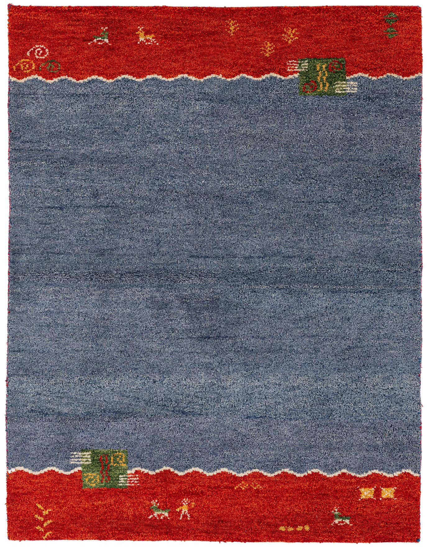 A 4x6 rectangular Gabbeh rug featuring a deep blue field with red borders, accented by whimsical animal and geometric motifs.