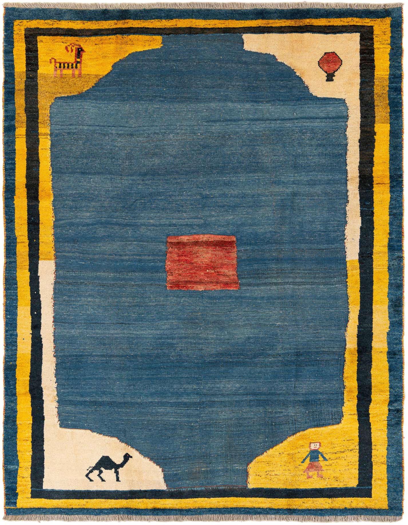 A 7x10 rectangular Gabbeh rug with a deep blue field, yellow border, and abstract figures.
