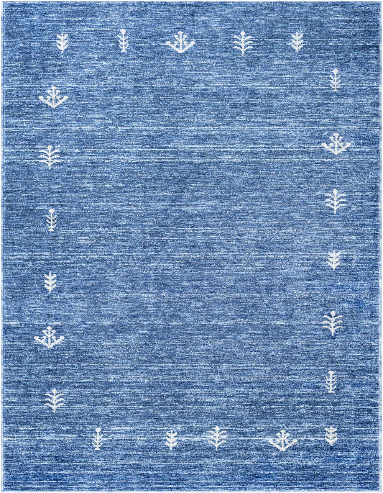 A 5x8 rectangular navy blue Gabbeh rug with a subtle tribal pattern of white abstract motifs around the border, suitable for a living room.