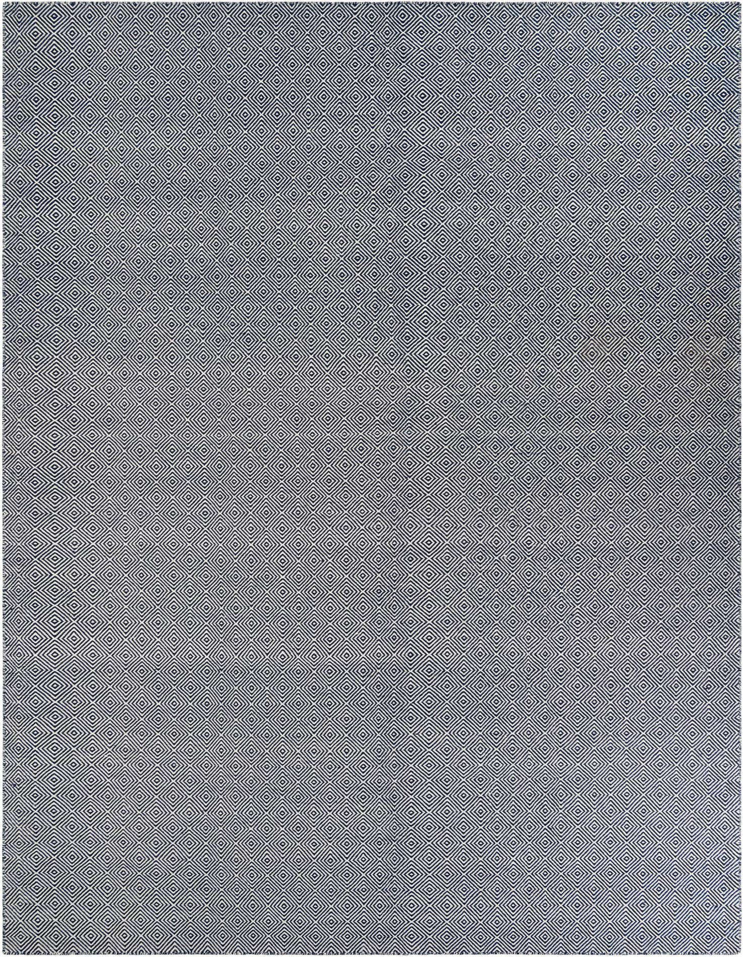 A 10x14 rectangular navy blue flatweave rug with a repeating geometric trellis pattern, suitable for a living room.