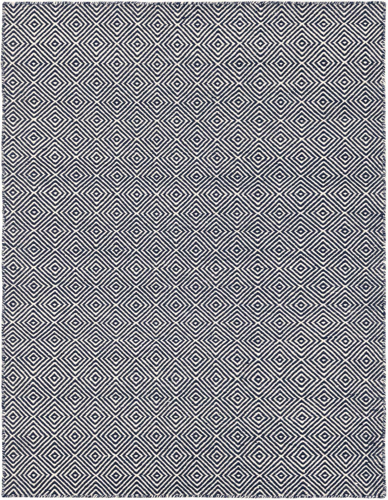 A 4x6 rectangular navy blue and white flatweave rug with a repeating modern trellis diamond pattern, suitable for various indoor rooms.