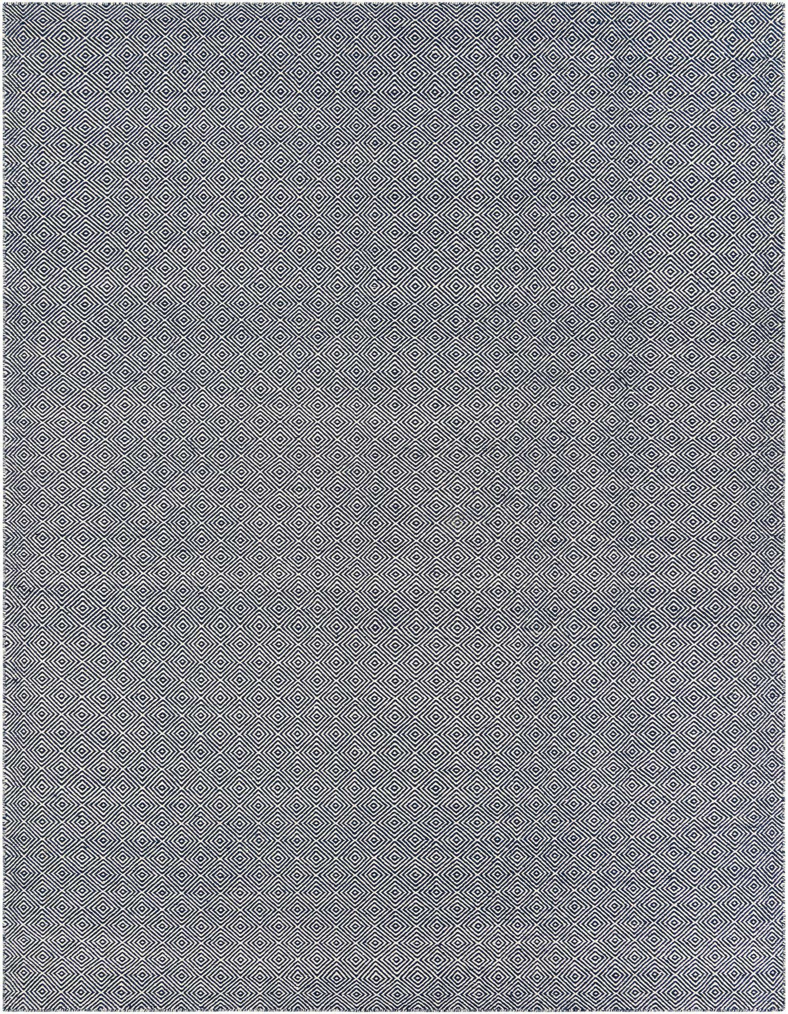A 9x12 rectangular navy blue and white flatweave rug with a repeating contemporary trellis diamond pattern, ideal for a living room.