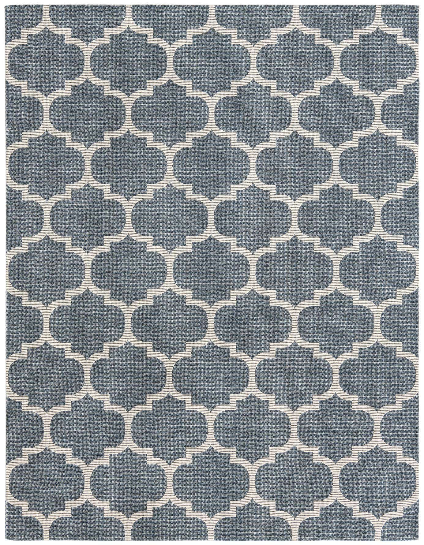A 5x8 rectangular Rugs.com Georgia rug featuring a repeating navy blue trellis pattern on a light blue background.