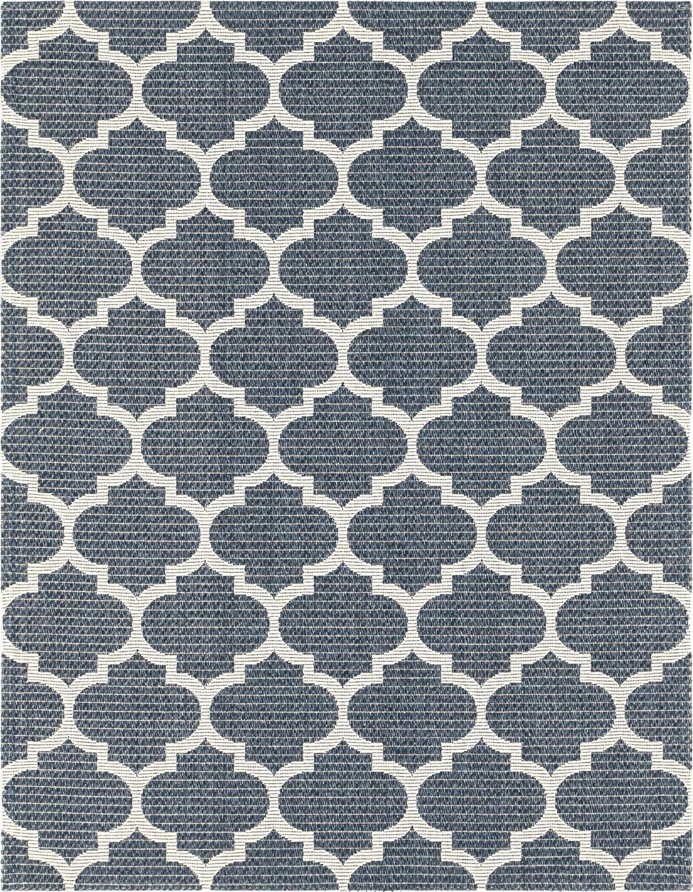 A 4x6 rectangular navy blue and white trellis pattern rug, featuring a flatweave texture, suitable for various indoor rooms.