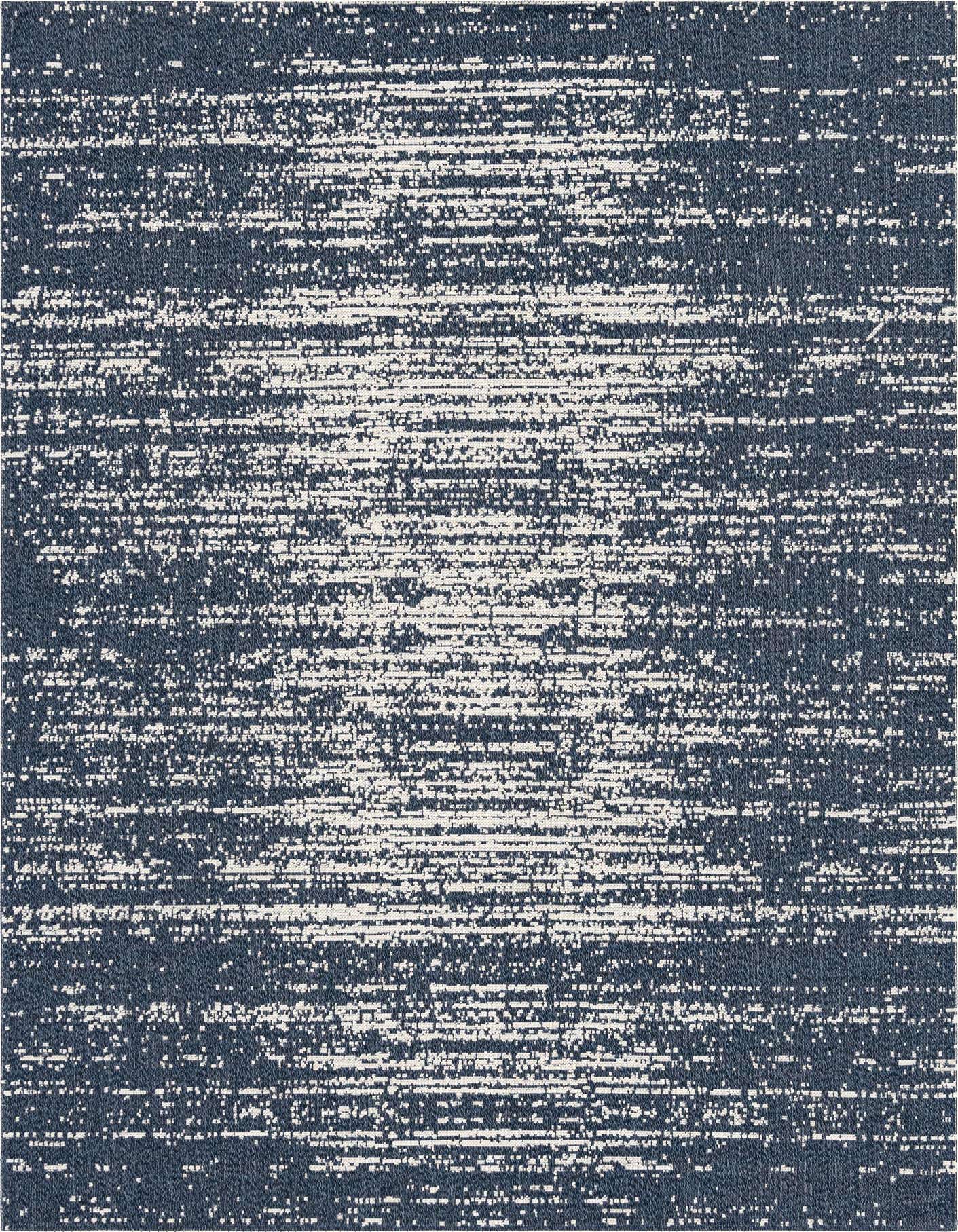 A 6x9 rectangular navy blue and white flatweave rug with a textured, distressed, horizontal stripe pattern, suitable for a living room.