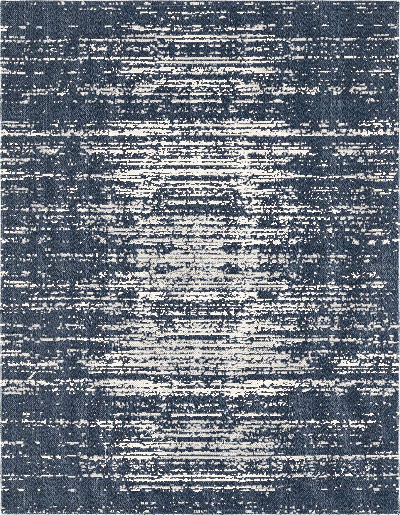 A 4x6 rectangular navy blue rug with a distressed, modern abstract pattern of horizontal white lines.