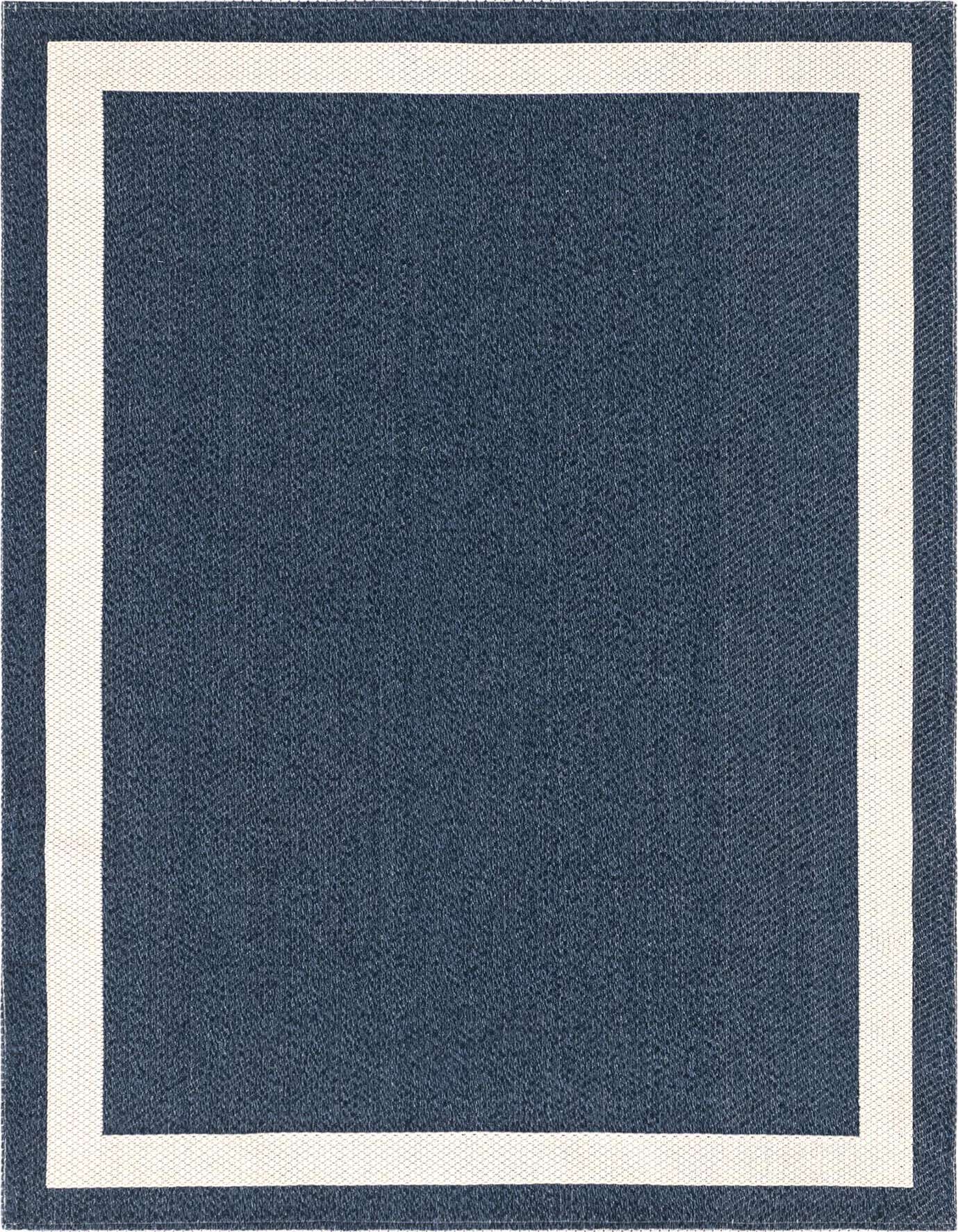 A 5x8 rectangular navy blue flatweave rug with a clean white border, suitable for a living room.