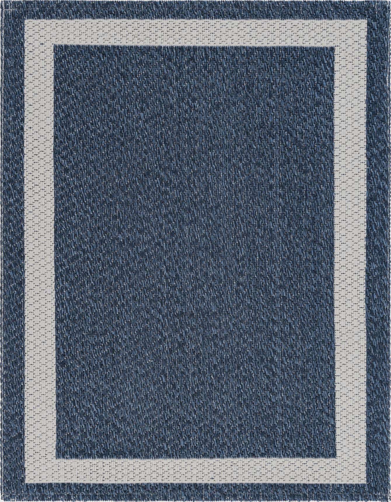 A 2x3 rectangular navy blue flatweave rug with a light gray border, suitable for a kitchen or entryway.