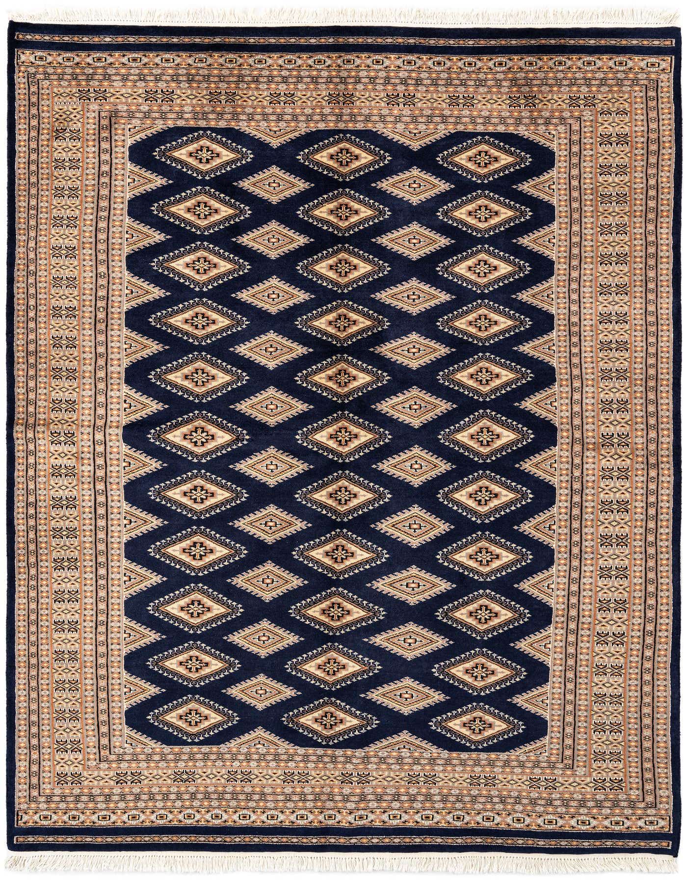 A 5x8 rectangular Gharajeh rug featuring a navy blue field with a repeating diamond tribal pattern and a traditional border in shades of beige and brown.