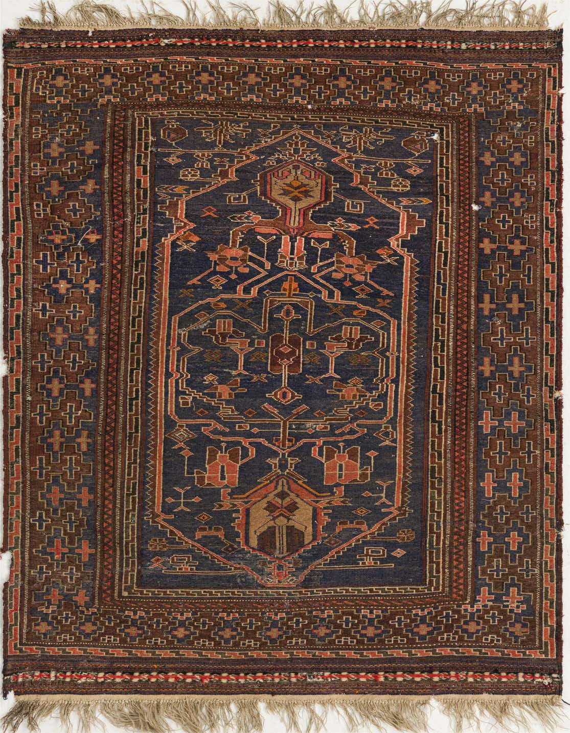 A 4x6 rectangular navy blue Persian rug with a central medallion and intricate tribal patterns in warm orange, brown, and red tones, featuring fringed ends.