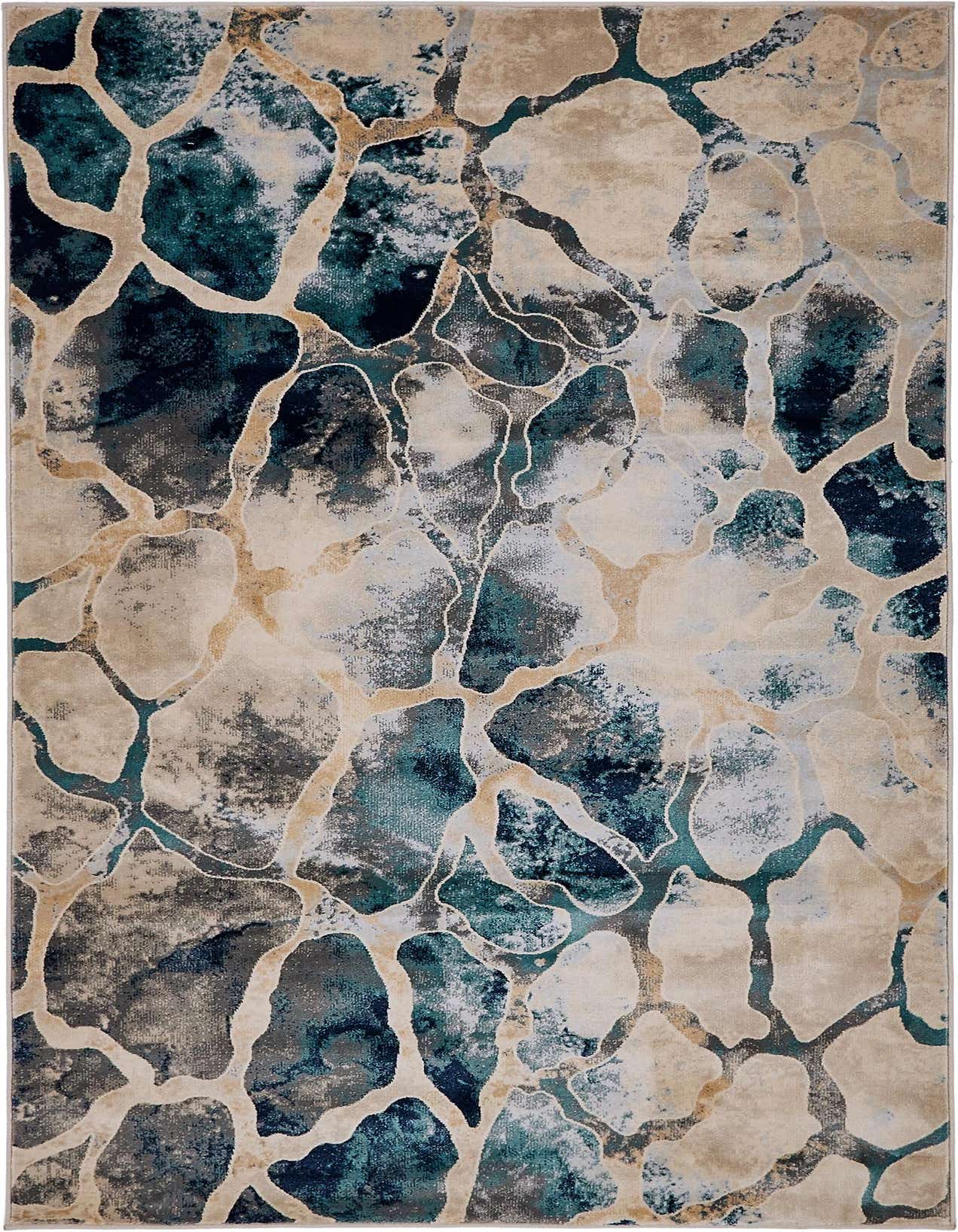 A 5x8 rectangular rug featuring an abstract, eclectic pattern in shades of blue, beige, and gold, resembling cracked earth or natural stone.