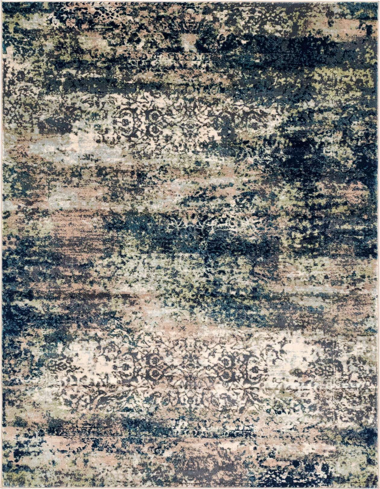 A 5x8 rectangular Gossamer rug featuring an abstract, distressed pattern in varying shades of blue, cream, and subtle hints of green and pink, suitable for a living room.