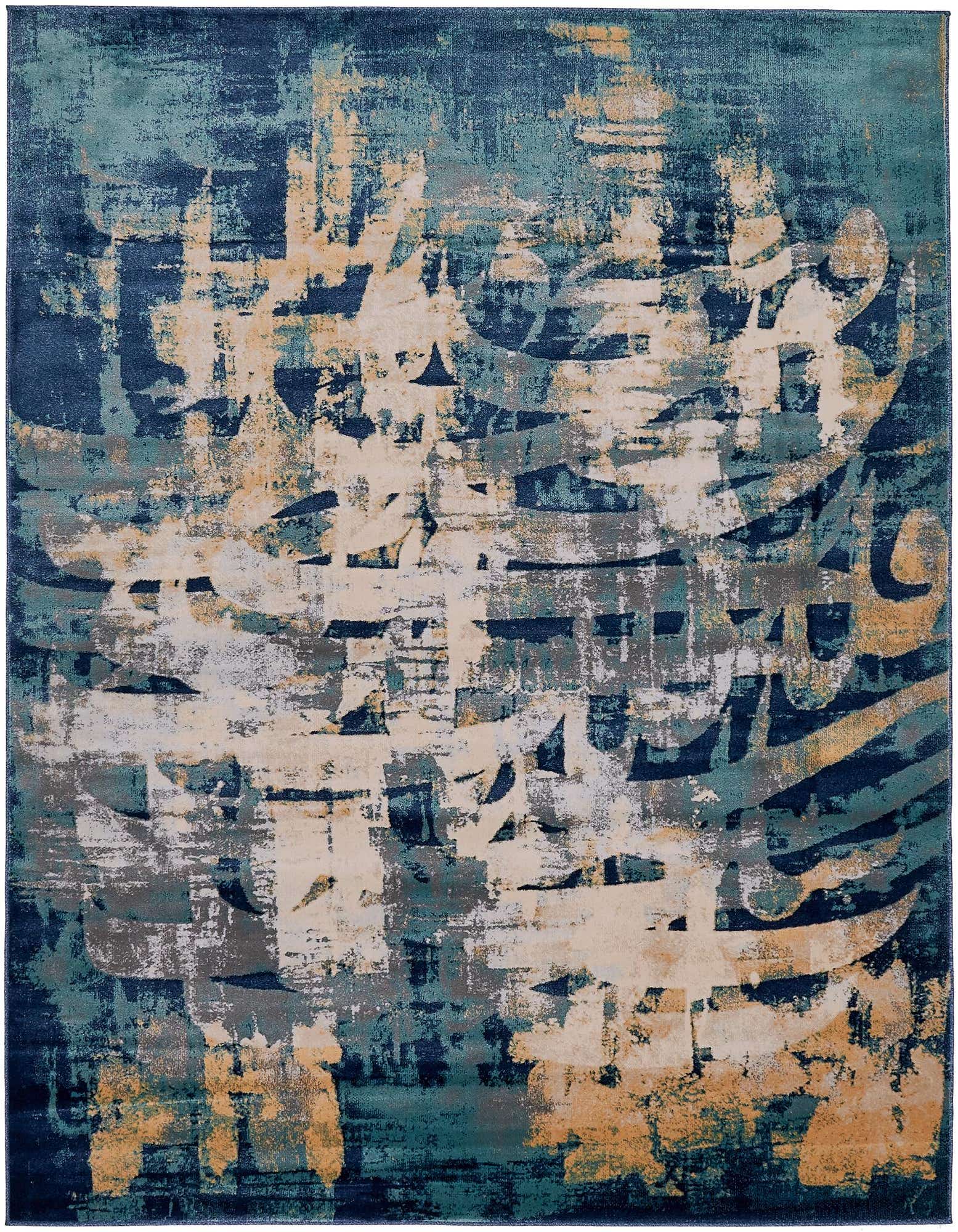 An 8x10 rectangular area rug featuring an abstract, distressed pattern in varying shades of navy blue, teal, beige, and gold.