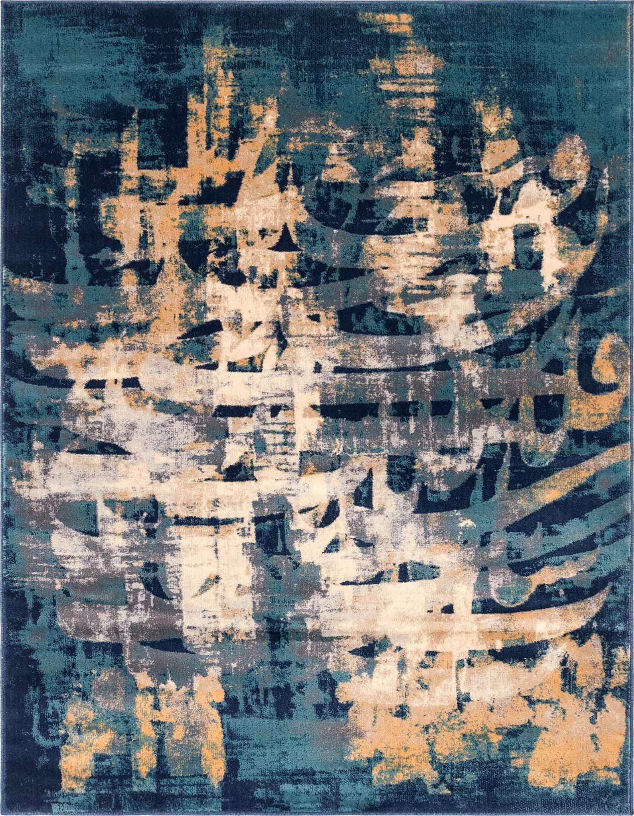 A 5x8 rectangular area rug with an abstract, eclectic pattern in shades of navy blue, teal, gold, and cream, suitable for a living room.