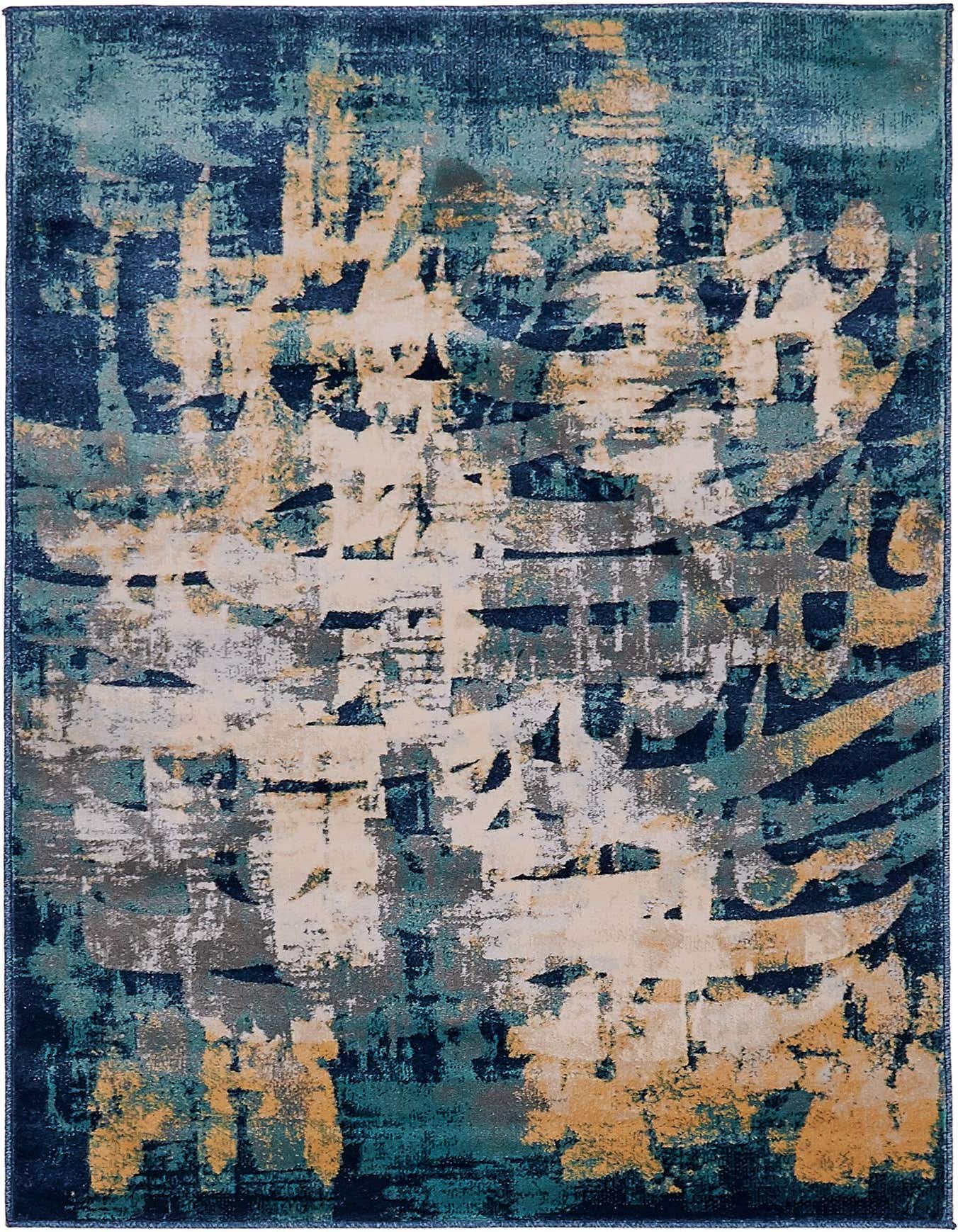 A 4x6 rectangular area rug featuring an abstract, distressed pattern in shades of navy blue, teal, cream, and gold.