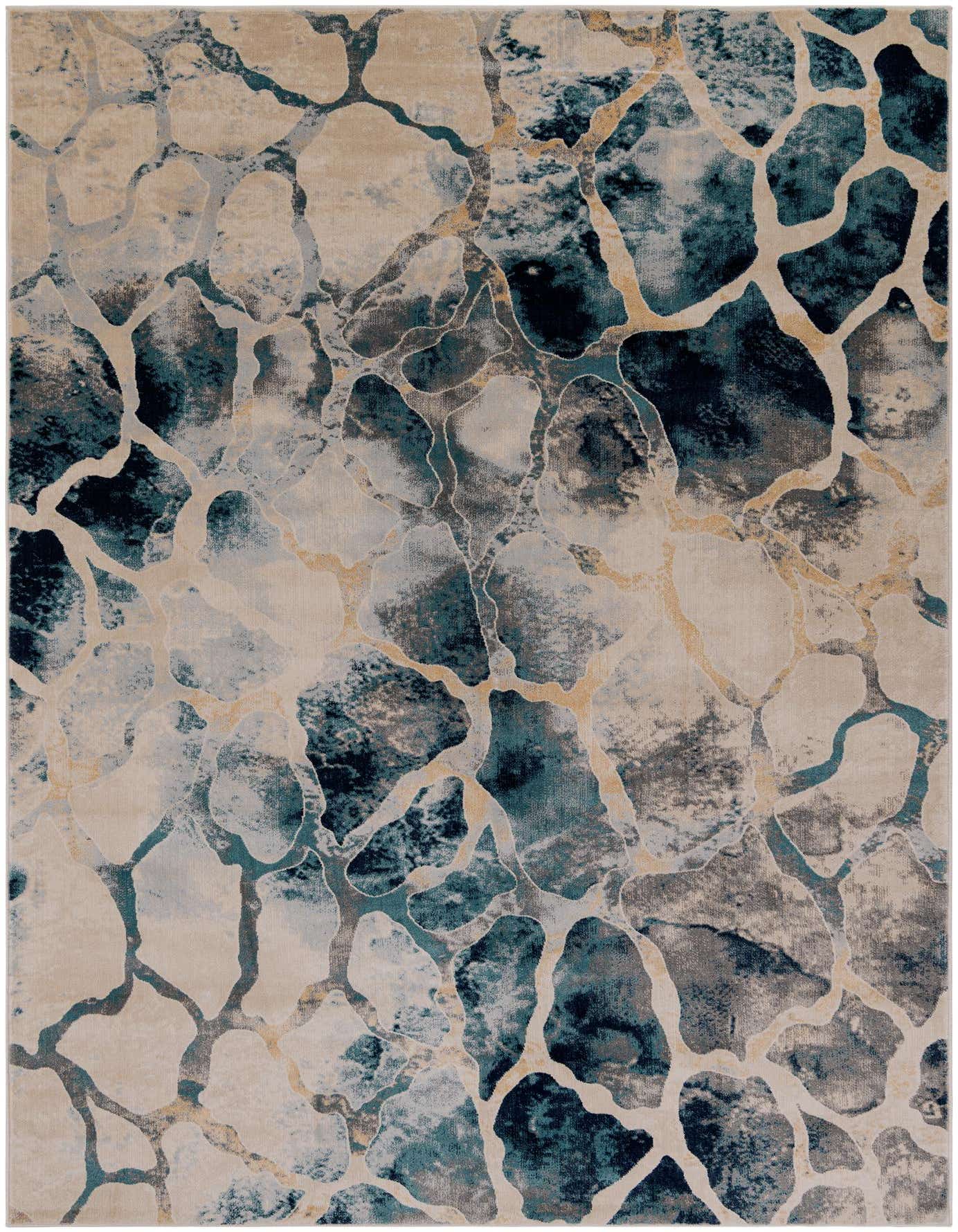 A 7x10 rectangular Rugs.com Gossamer rug with a modern abstract pattern in varying shades of blue, grey, and beige, outlined by thin gold lines.