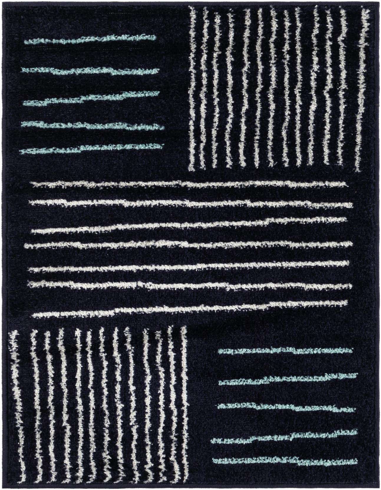 A 2x3 rectangular navy blue rug with a modern abstract pattern of white and light blue textured lines.