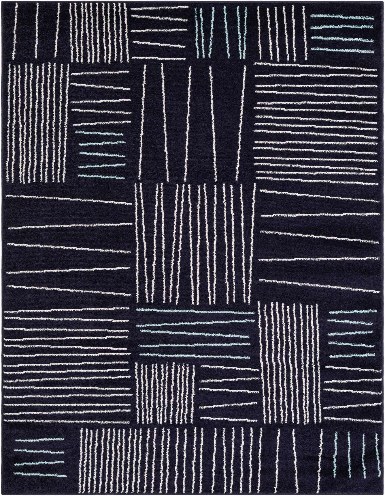 A 5x8 rectangular Hanahan rug in navy blue with a modern abstract pattern of white and light blue lines.