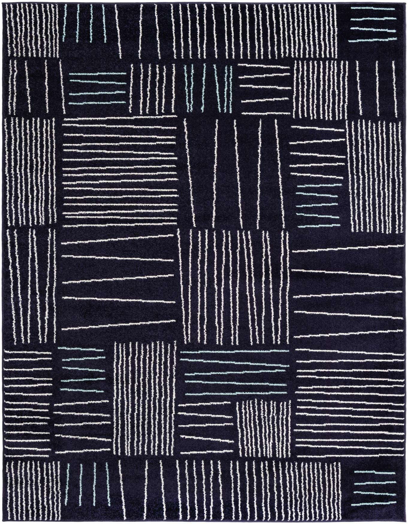 A 6x9 rectangular navy blue rug with a modern abstract pattern of white and light blue dashed lines.