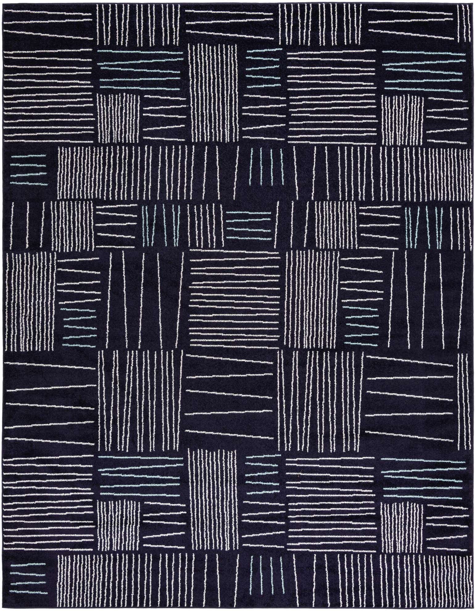A 9x12 rectangular navy blue rug with a modern abstract pattern of white and light blue dashed lines.