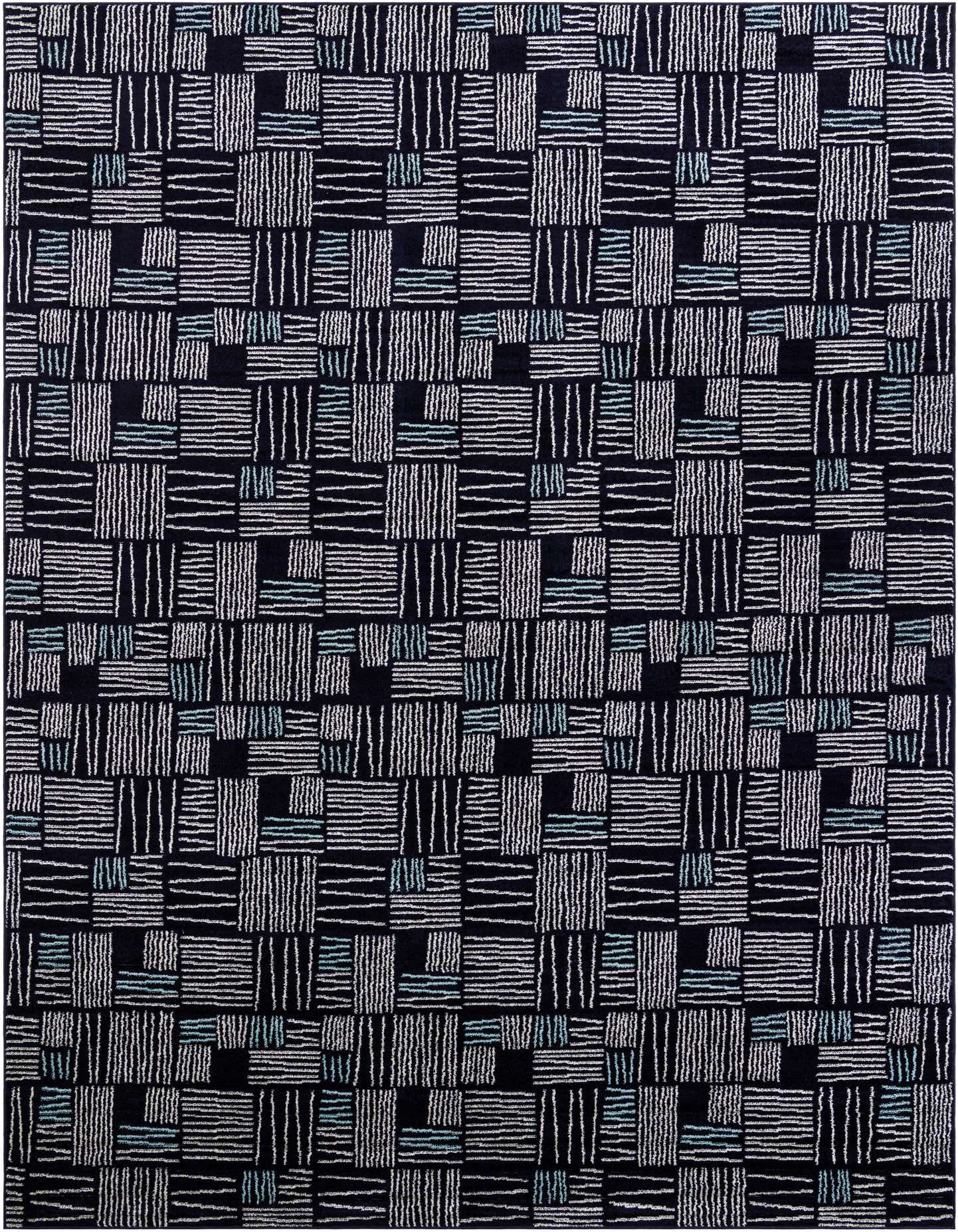 A 10x14 rectangular Hanahan rug with a contemporary abstract pattern in navy blue, white, and light blue.