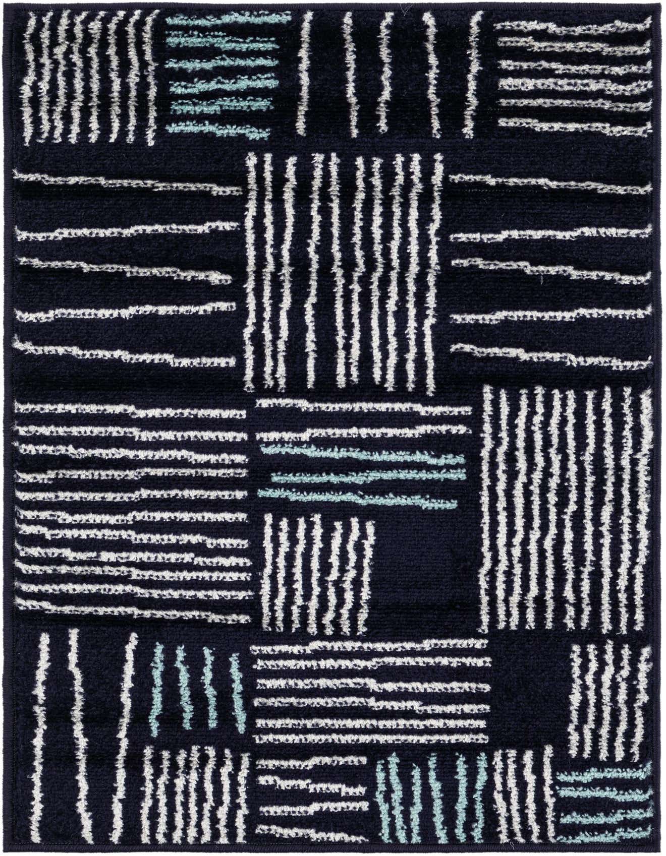A 2x3 rectangular Hanahan rug with a modern abstract pattern of white and light blue stripes on a navy blue background.
