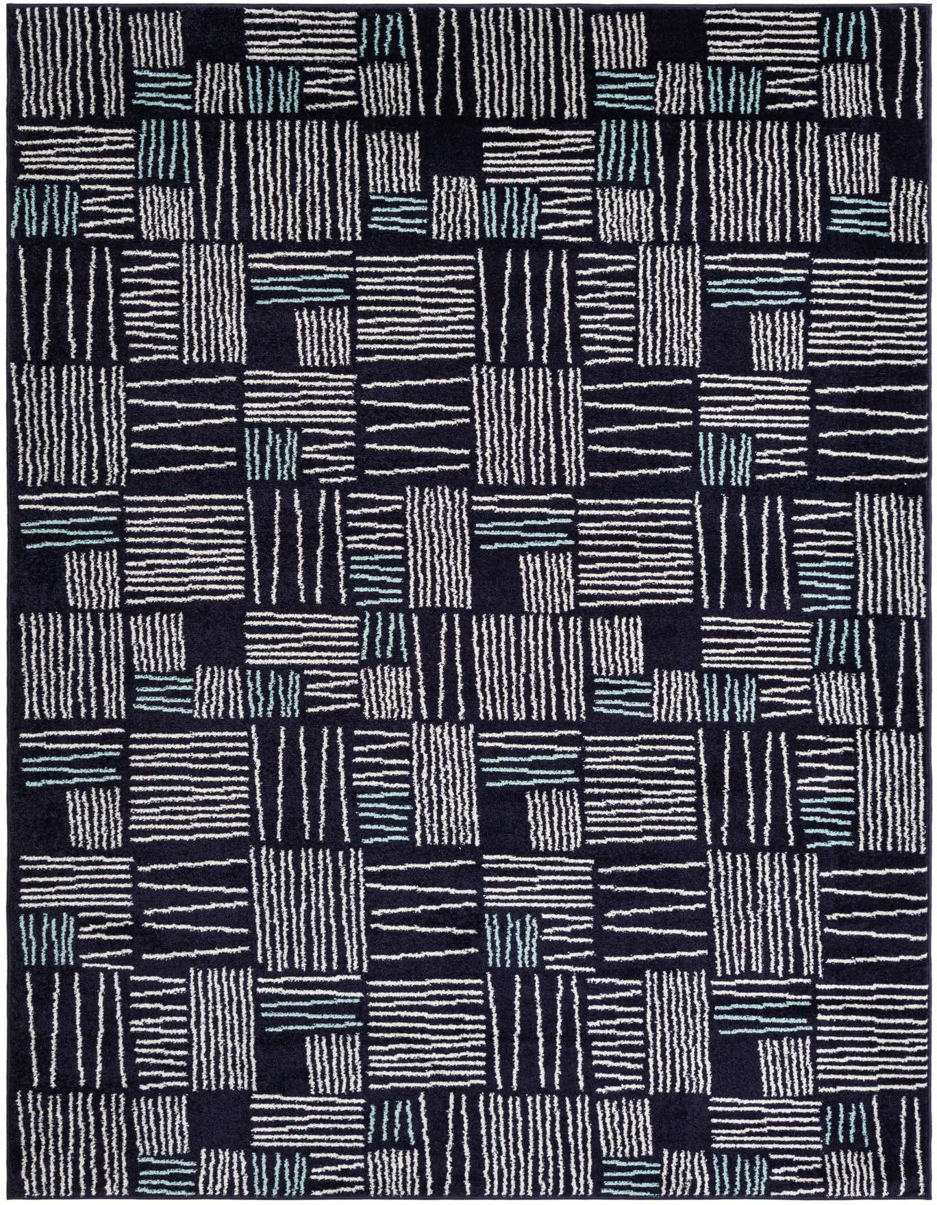 A 6x9 rectangular navy blue modern rug with a contemporary abstract pattern of white and light blue stripes.