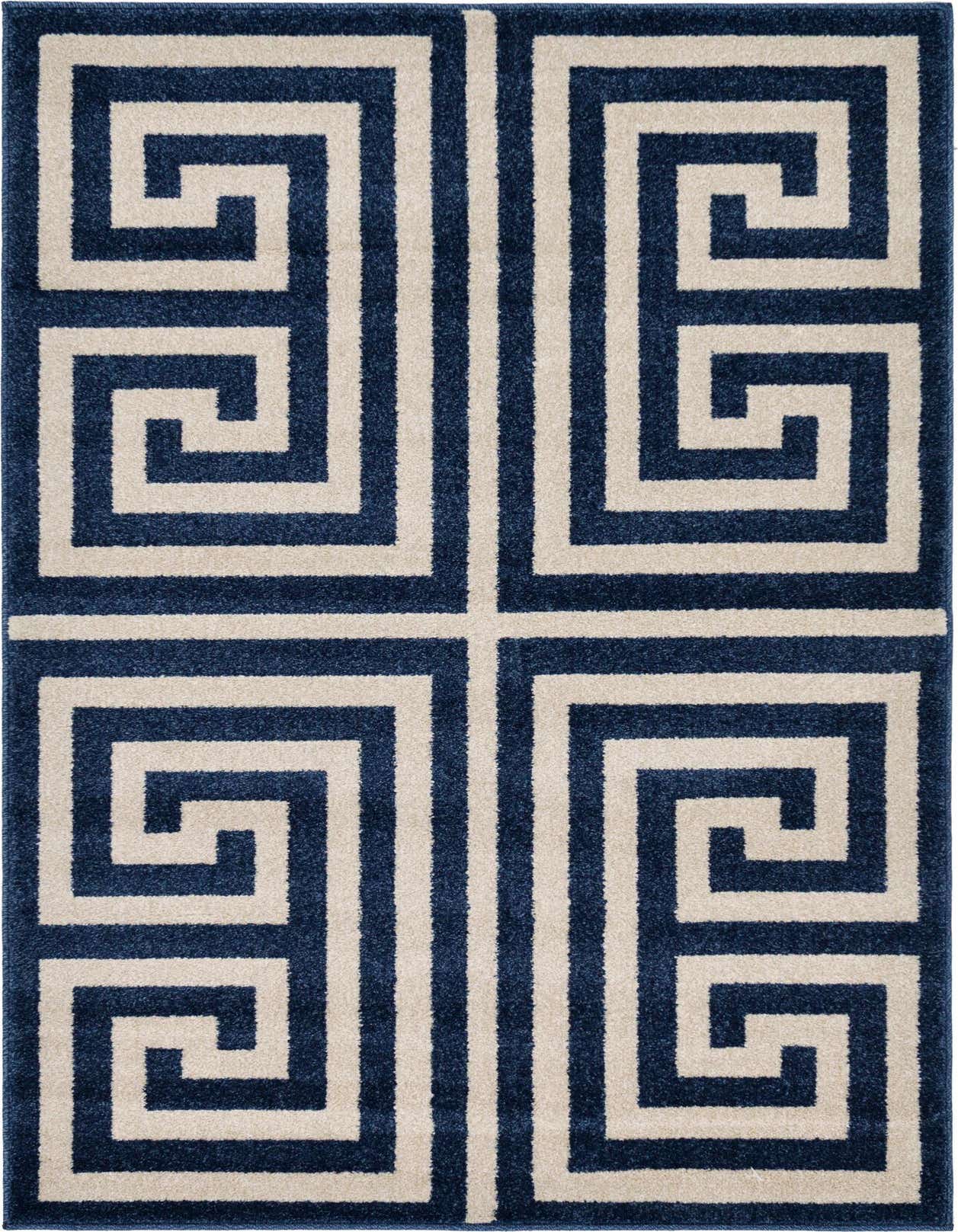 A 3x5 rectangular navy blue and cream rug with a bold Greek key pattern, featuring a medium pile.