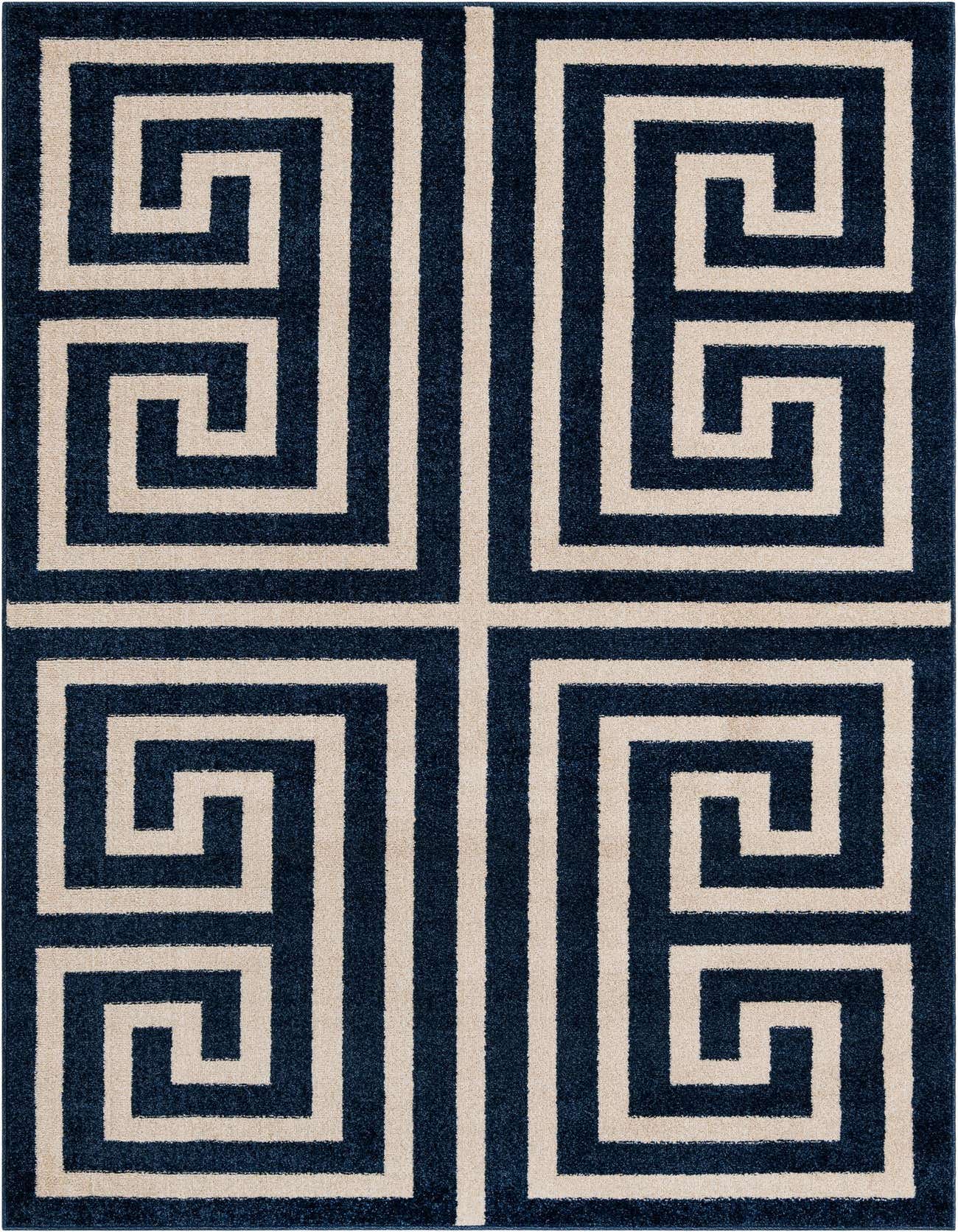 A 5x8 rectangular navy blue and beige rug featuring a bold, interlocking Greek key pattern, ideal for a living room.