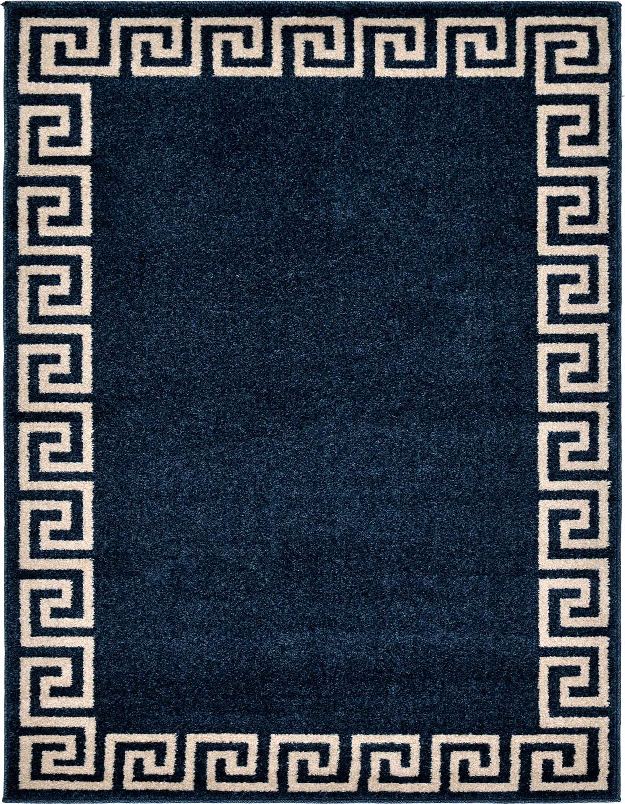 A 3x5 rectangular navy blue rug with a cream Greek key border, suitable for a living room or entryway.