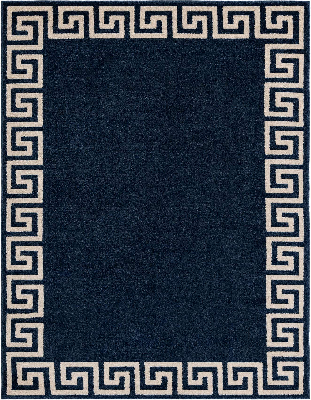 A 5x8 rectangular navy blue area rug with a cream Greek key border, perfect for a living room.