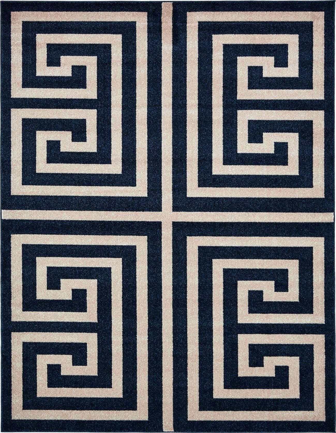 A 6x9 rectangular navy blue rug with a bold, repeating cream Greek key pattern, suitable for a living room.