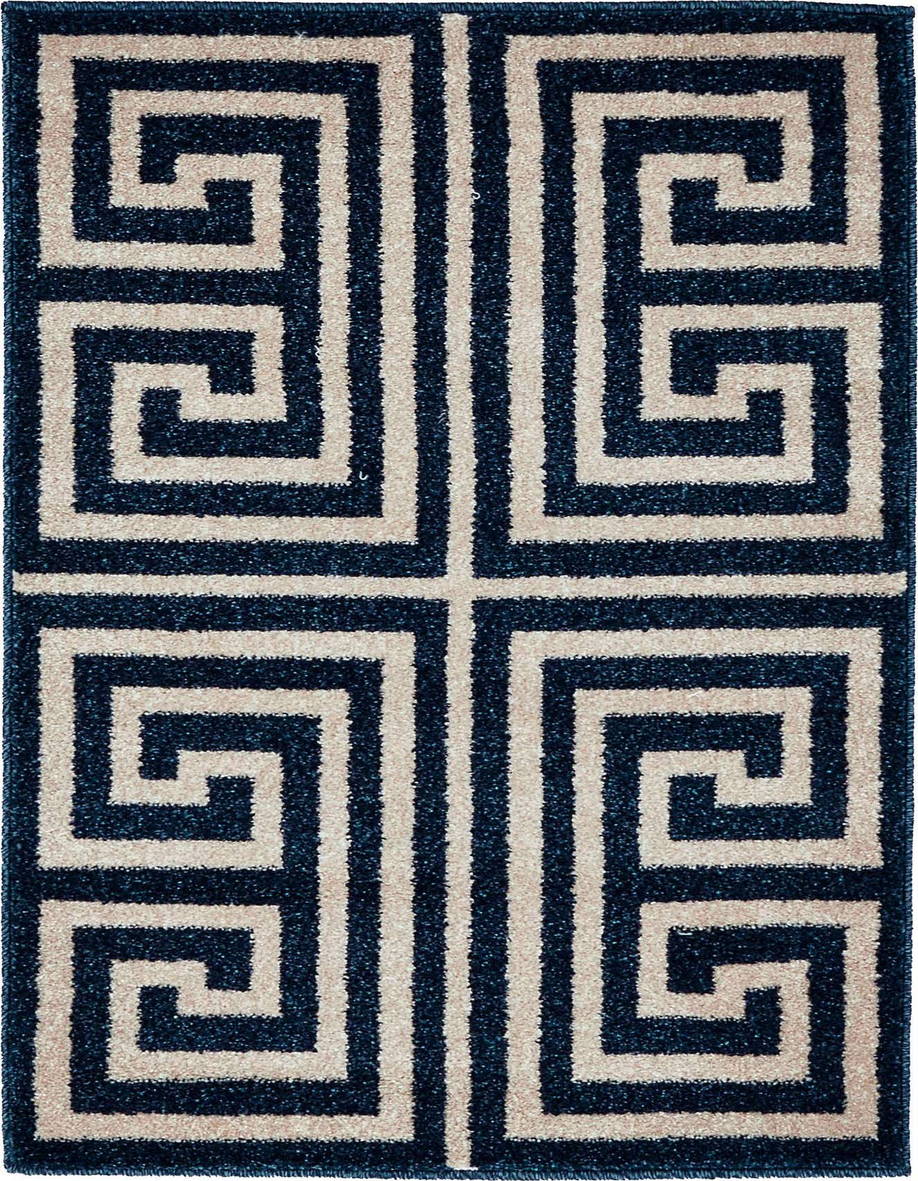 A 2x3 rectangular Hera rug by Rugs.com with a bold navy blue and beige Greek key pattern, ideal for an entryway.