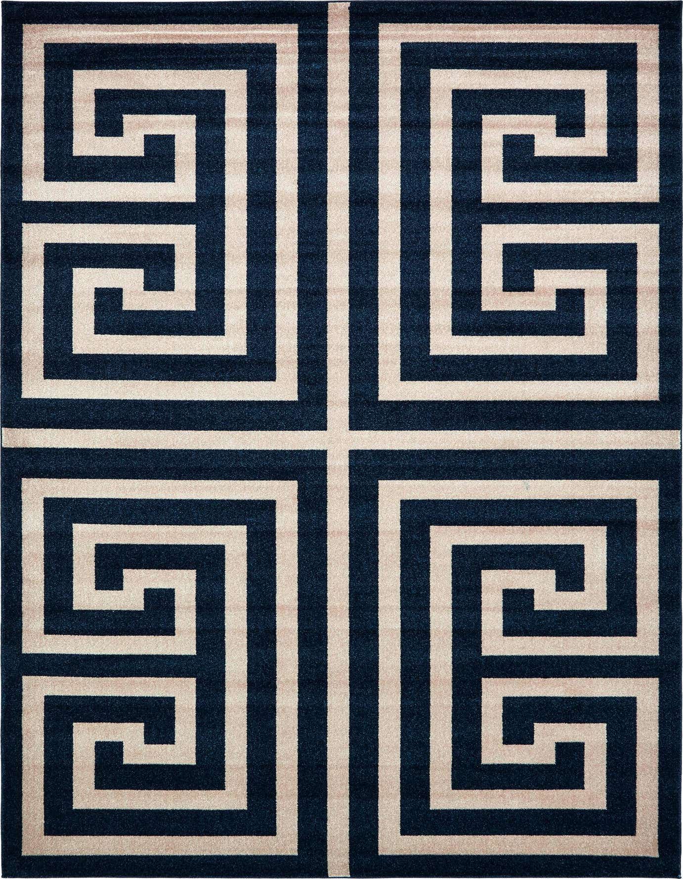 A rectangular 8x11 navy blue and beige rug with a bold Greek key pattern, ideal for a living room.
