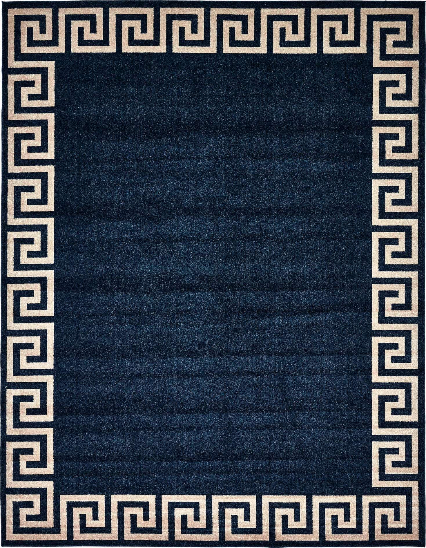 A 10x13 rectangular navy blue area rug featuring a cream Greek key border pattern, suitable for a living room.