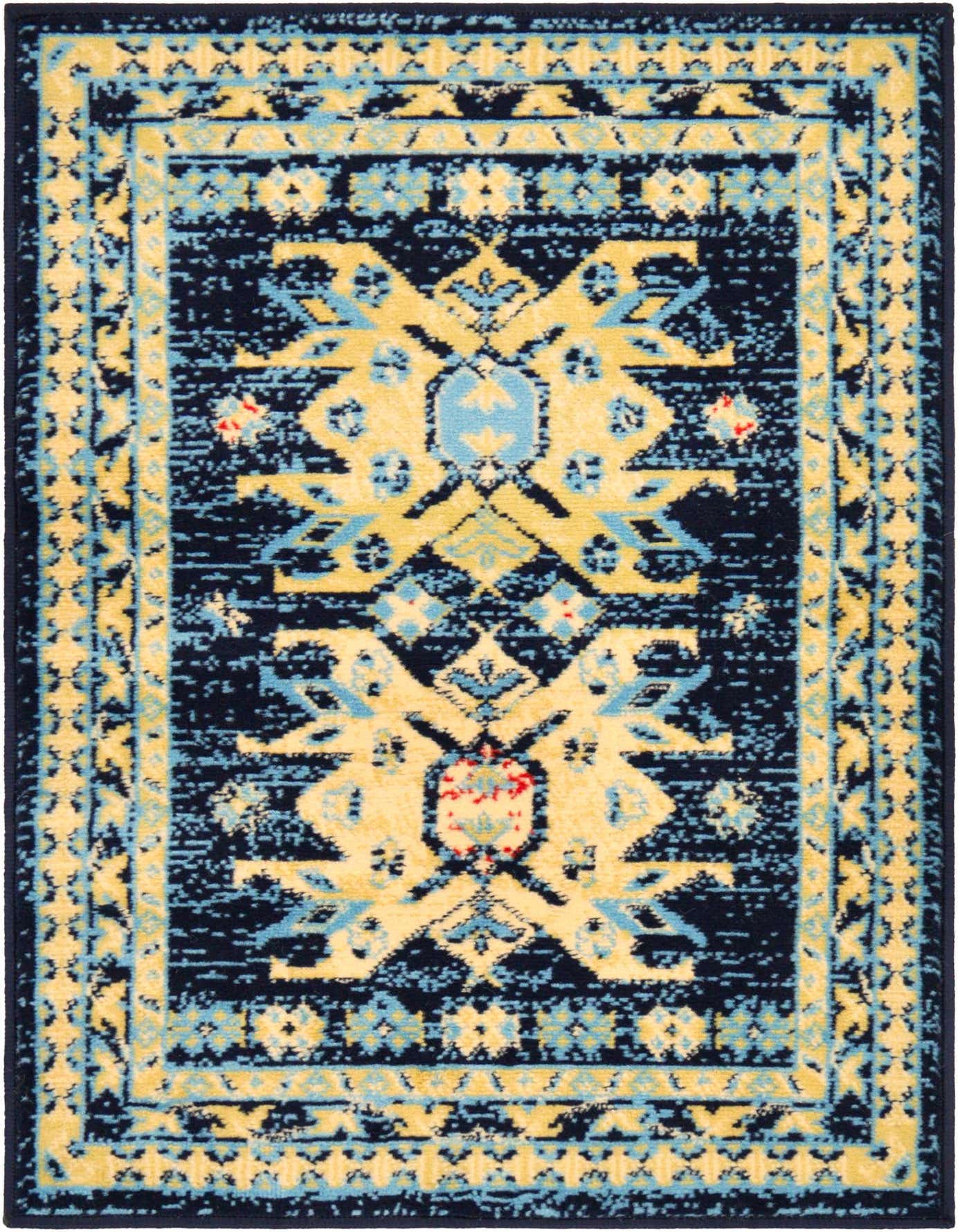 A 2x3 rectangular Heris rug featuring a traditional Southwestern medallion pattern in navy blue, light blue, and yellow.