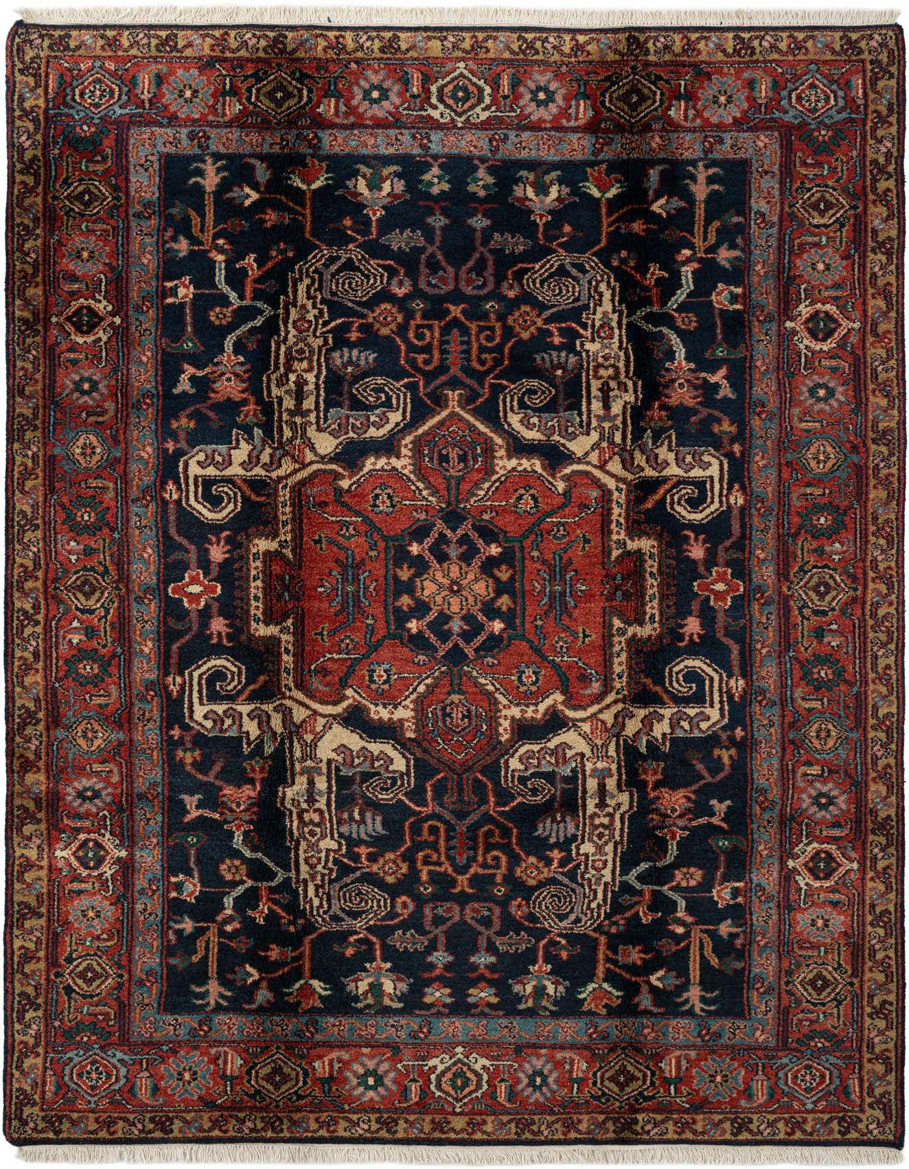 A 6x9 rectangular Heriz rug featuring a traditional Oriental medallion pattern in deep navy blue, red, and beige.