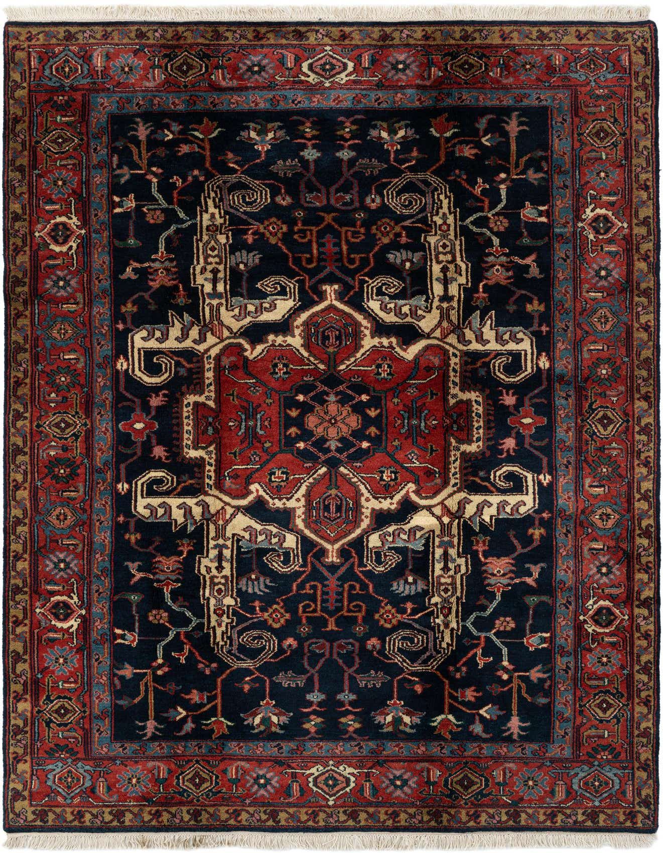 A 7x10 rectangular Heriz rug featuring a traditional Oriental medallion pattern in navy blue, red, and cream.