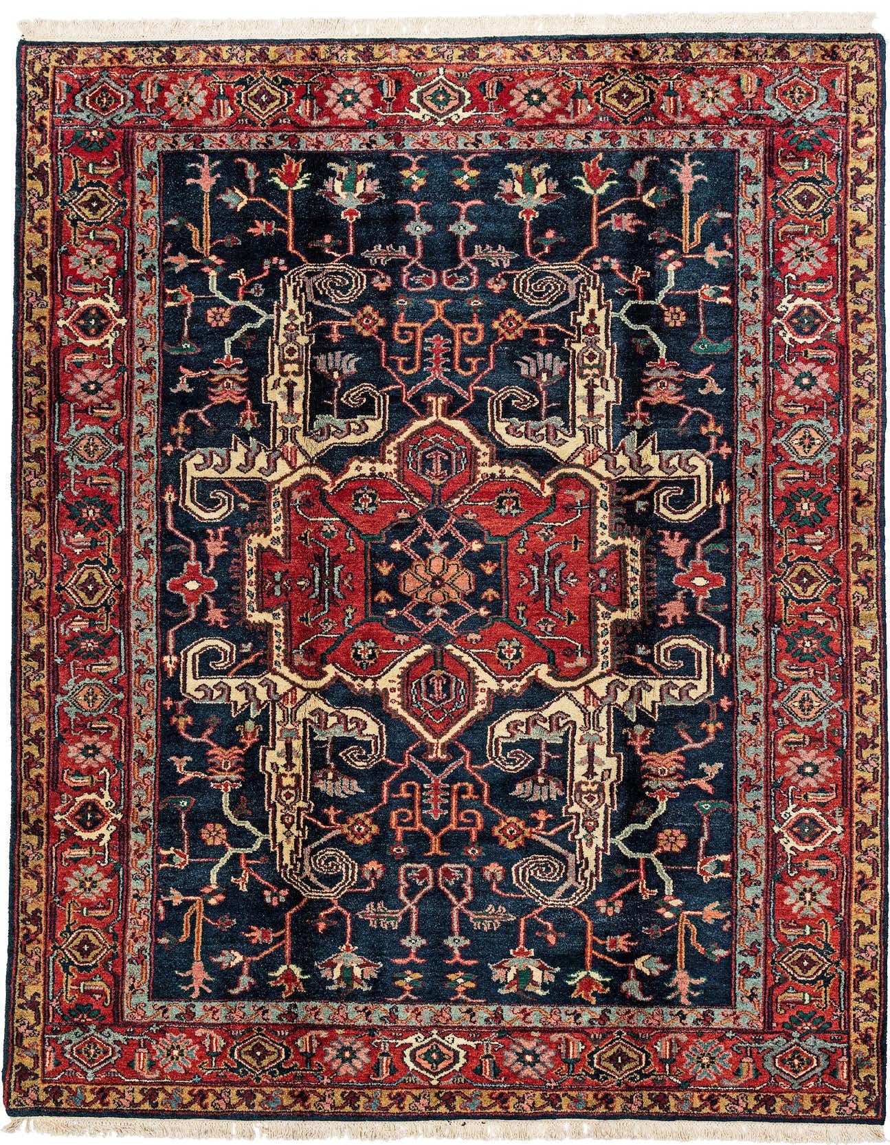 A 7x10 rectangular Heriz rug featuring a traditional Oriental medallion pattern in navy blue, red, and cream.