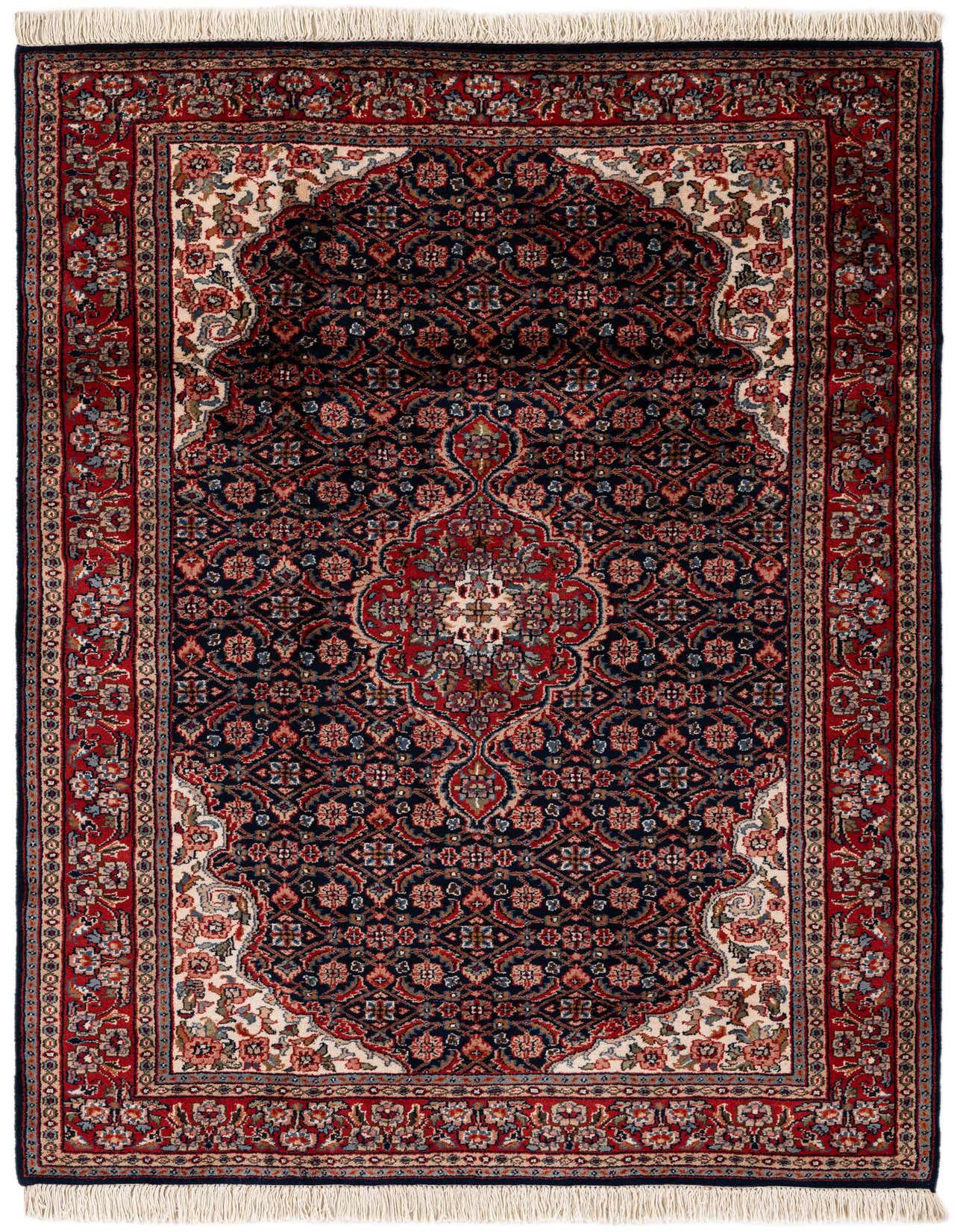 A 4x6 rectangular navy blue traditional Oriental rug with a central medallion and intricate floral patterns, featuring red and cream accents.