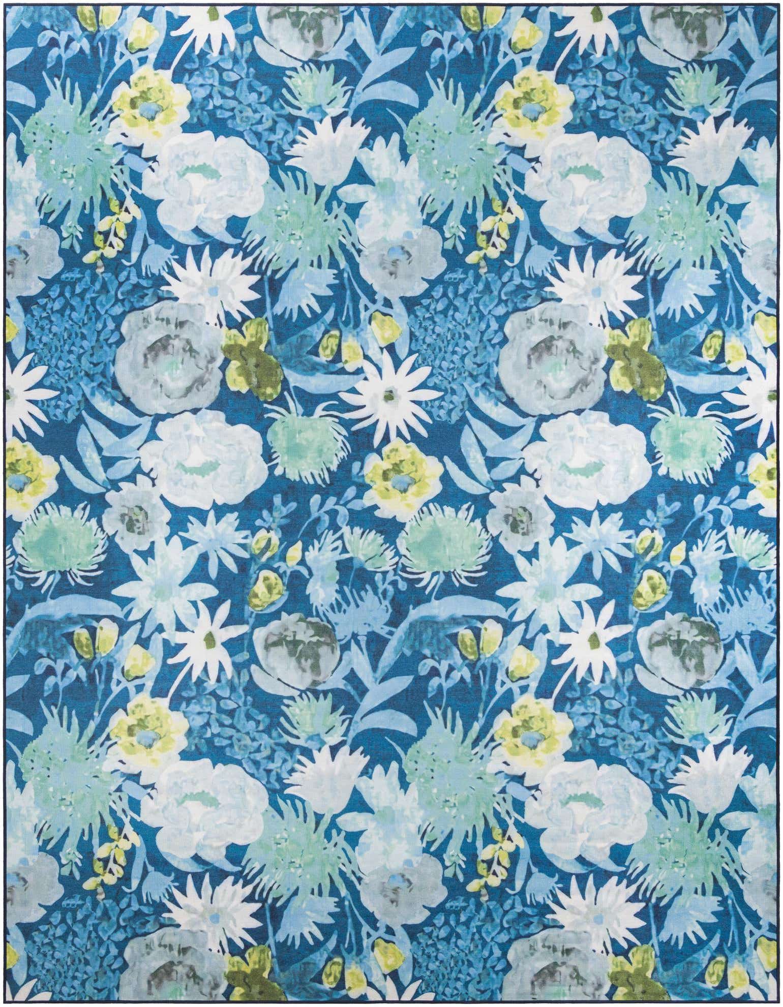 A 10x13 rectangular Jill Zarin Caribbean Outdoor rug featuring a vibrant tropical floral pattern in shades of blue, green, and white.