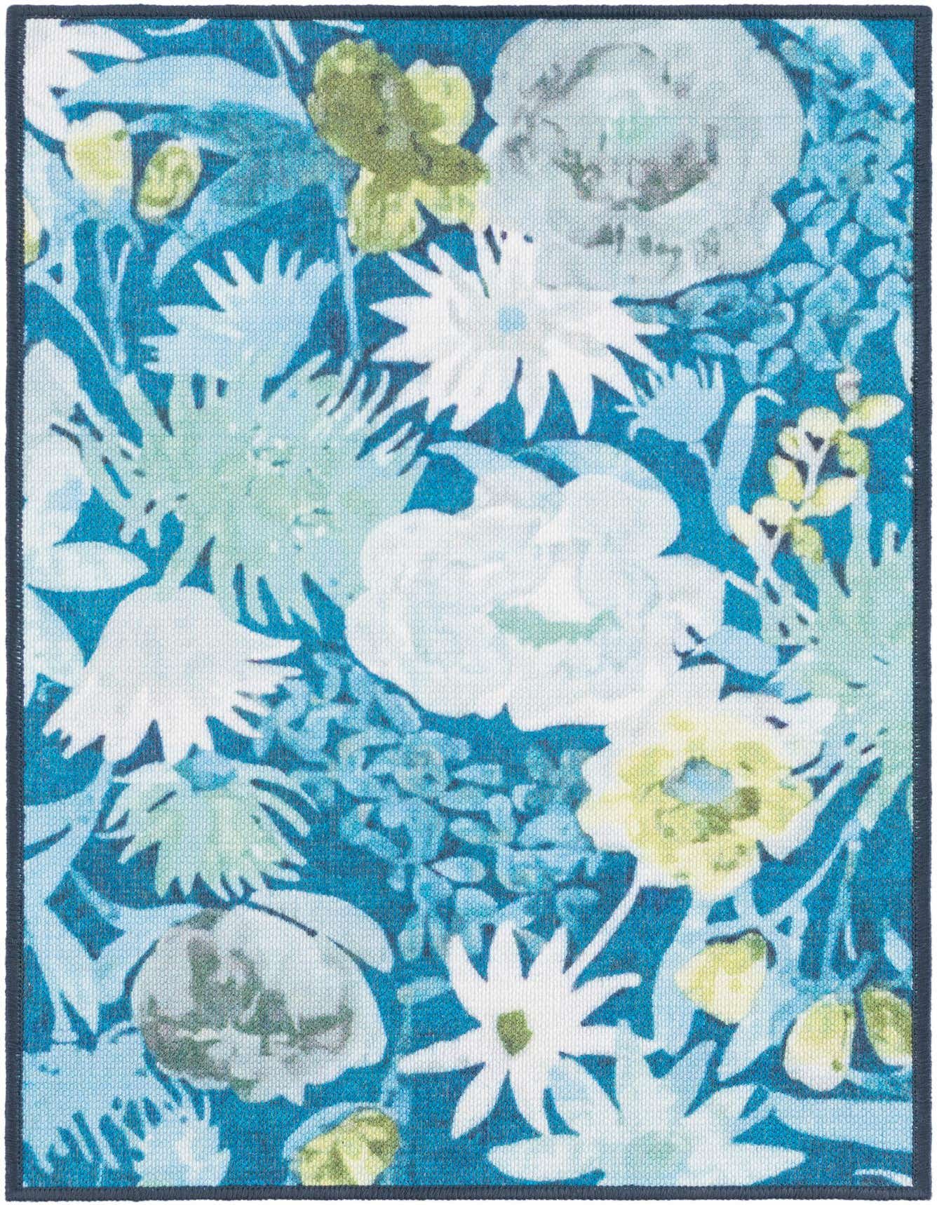 A 2x3 rectangular Rugs.com Jill Zarin Caribbean Outdoor rug with a vibrant blue background and large white, light blue, and lime green tropical floral patterns.