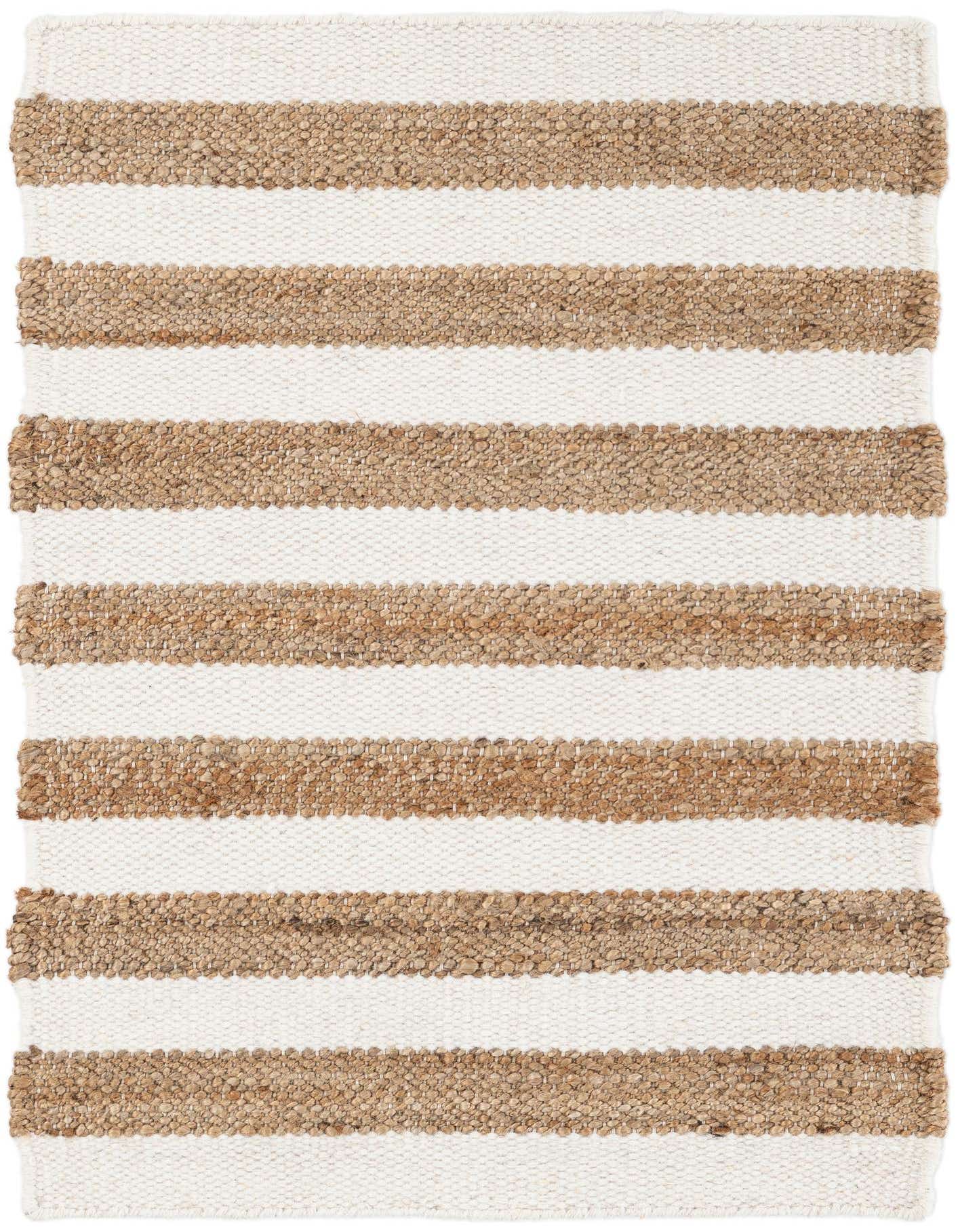 A 2x3 rectangular Jill Zarin Hamptons rug with thick horizontal stripes of natural jute alternating with white wool.