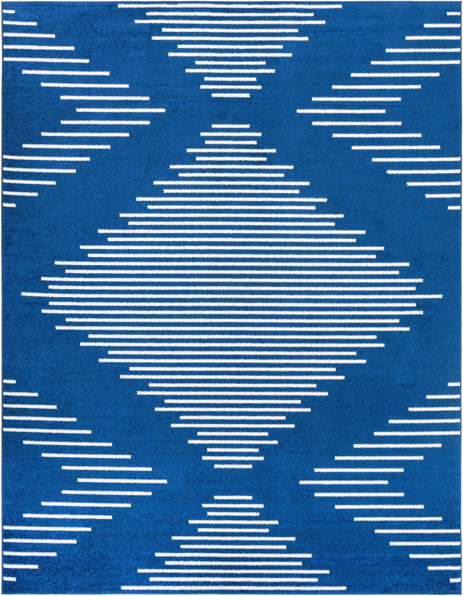 A 9x12 rectangular Kai collection rug in deep blue with a modern geometric stripe pattern in white, suitable for a living room.