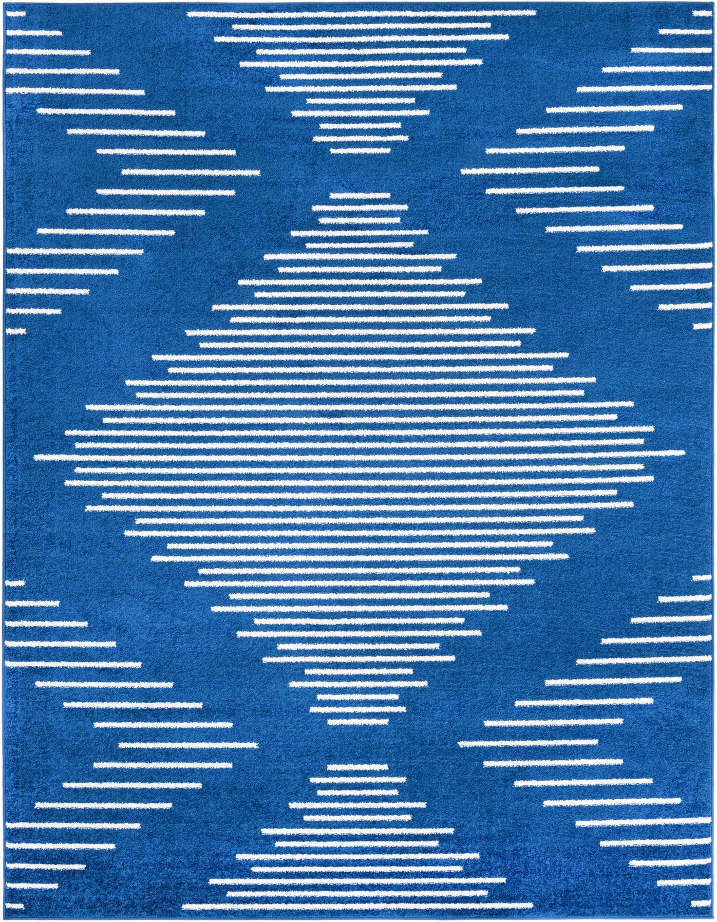 A 7x10 rectangular Kai collection rug by Rugs.com, featuring a bold navy blue background with a modern white striped diamond pattern, ideal for a living room.
