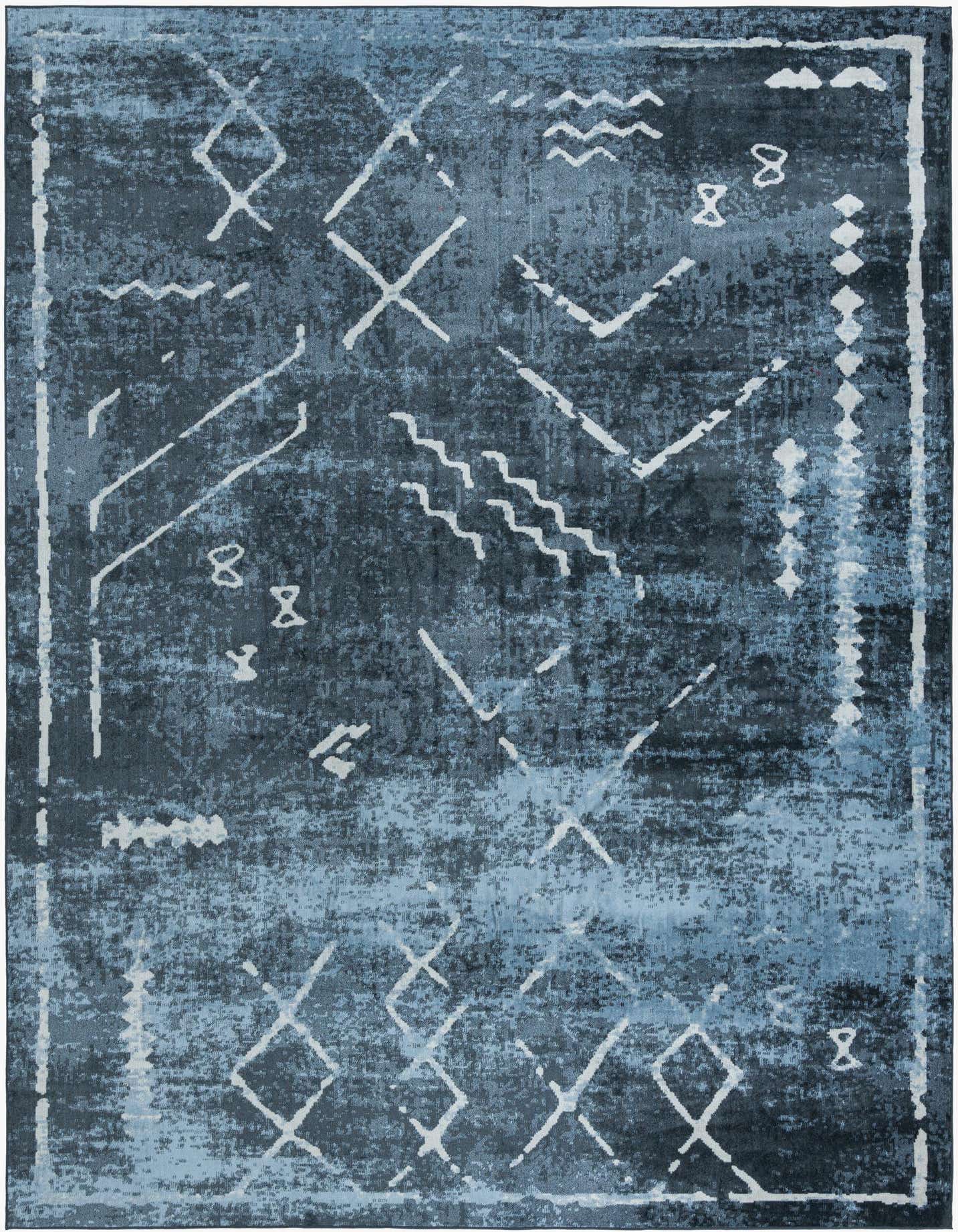 A 10x14 rectangular navy blue and light blue vintage tribal rug with distressed white geometric patterns.