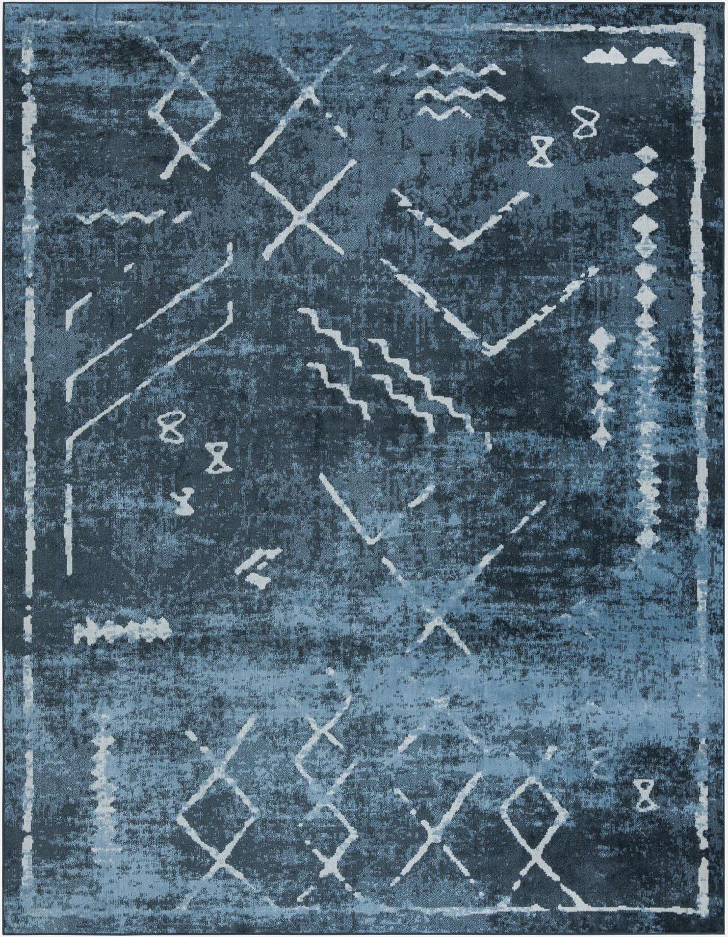 A 9x12 rectangular navy blue rug with a distressed vintage tribal pattern in lighter blue and white, suitable for a living room.