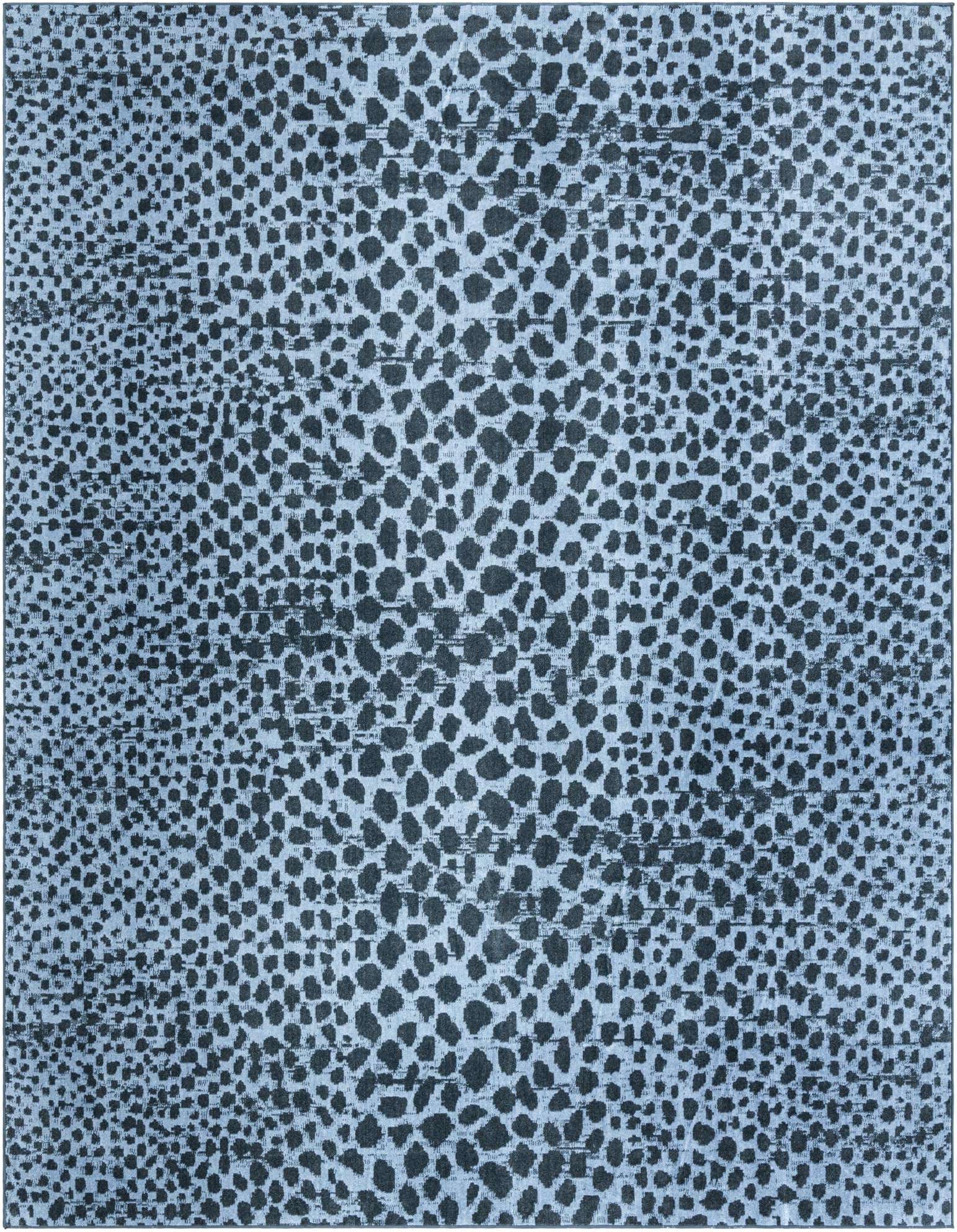 A 9x12 rectangular Kamala Washable rug featuring a modern abstract pattern of varying blue tones, resembling an animal print or speckled design.