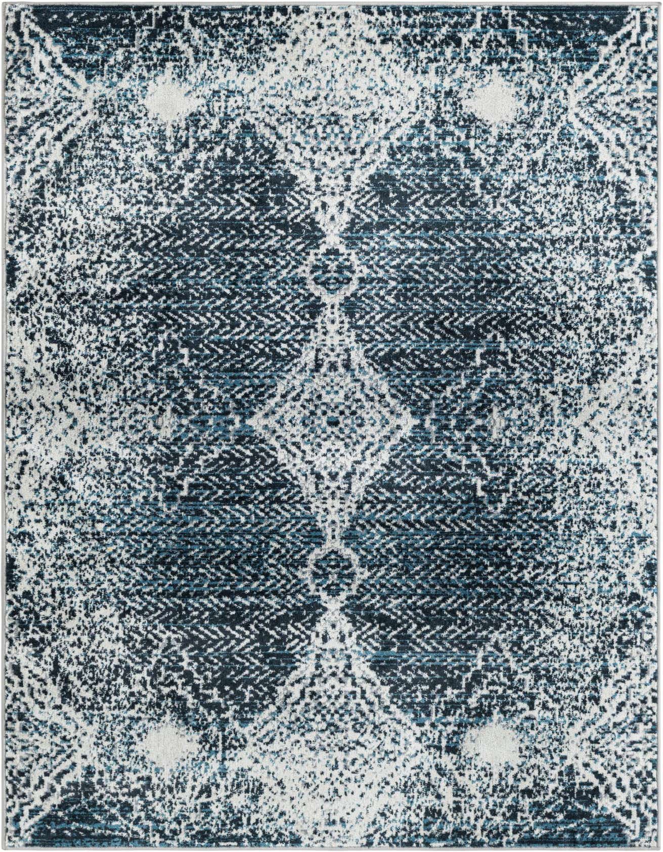 A 4x6 rectangular navy blue and white traditional medallion rug with a distressed, vintage look.