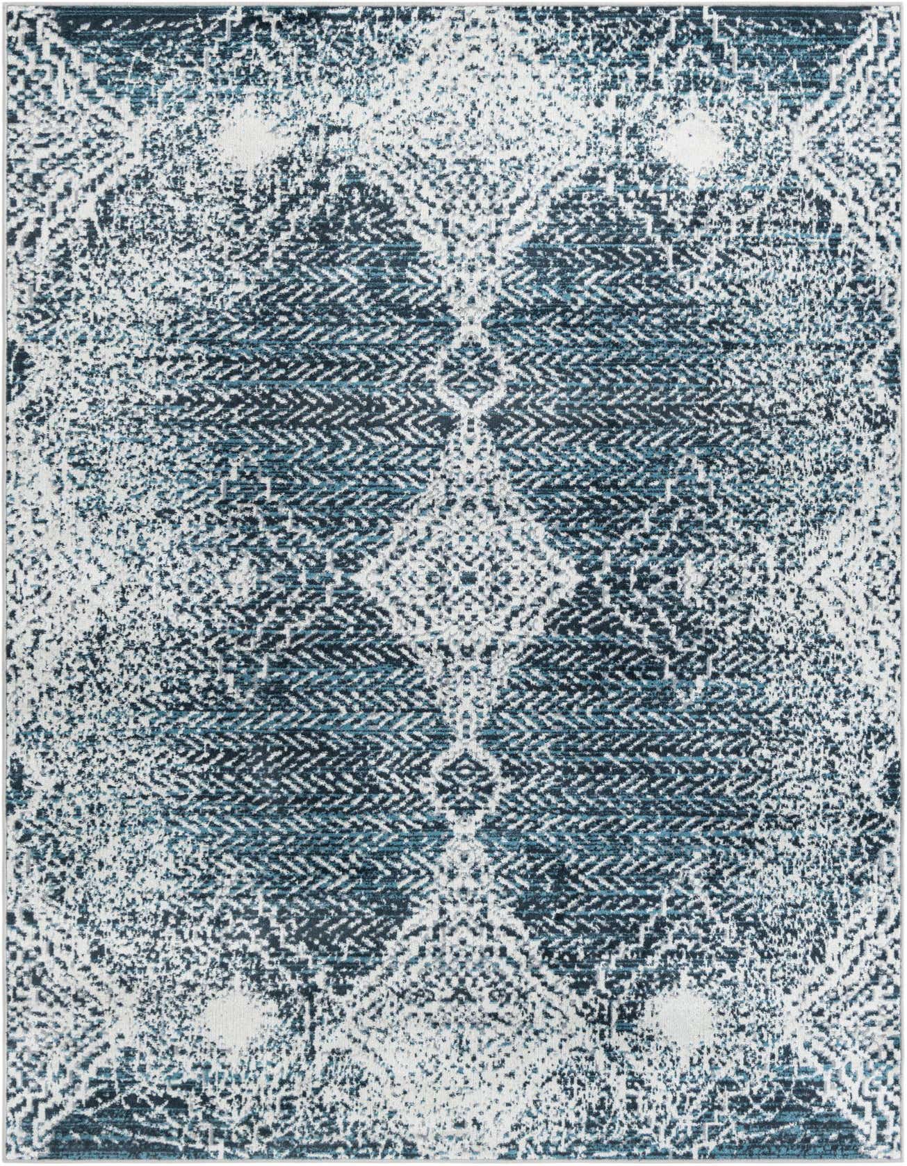 A 5x8 rectangular Kamala Washable rug featuring a distressed navy blue and white traditional medallion pattern.